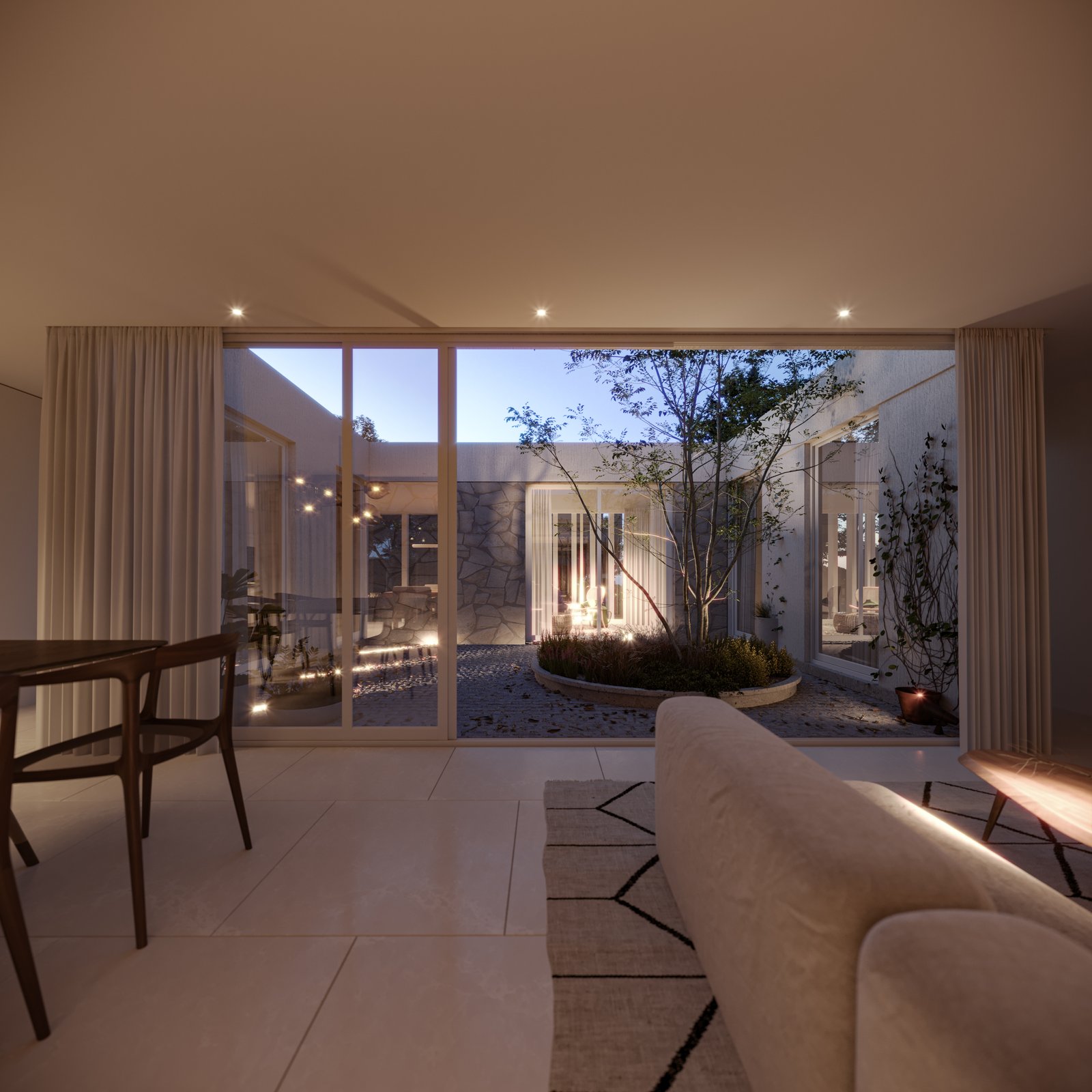 Living moderno con patio interior y ventanales — proyecto Casa Z, por LW Lopez Wolder arquitectos, en Zárate