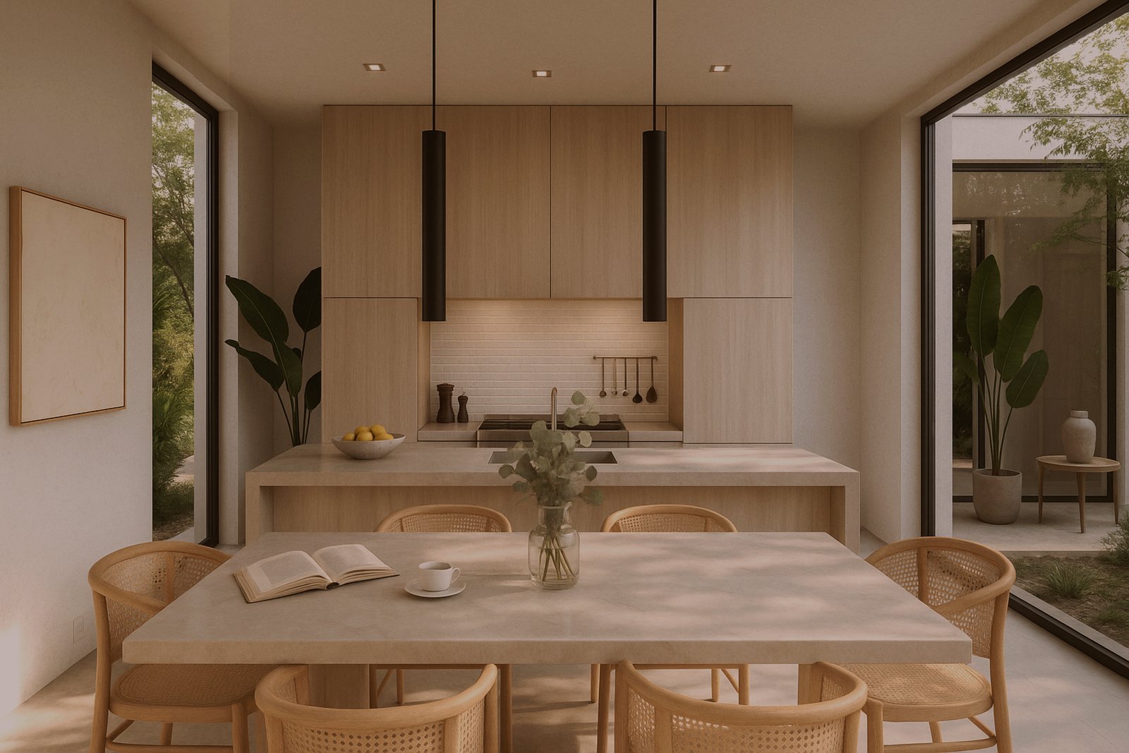 Comedor y cocina modernos estilo escandinavo con madera y ratán — proyecto Casa Sonne, por zuloagastudio, en San Isidro
