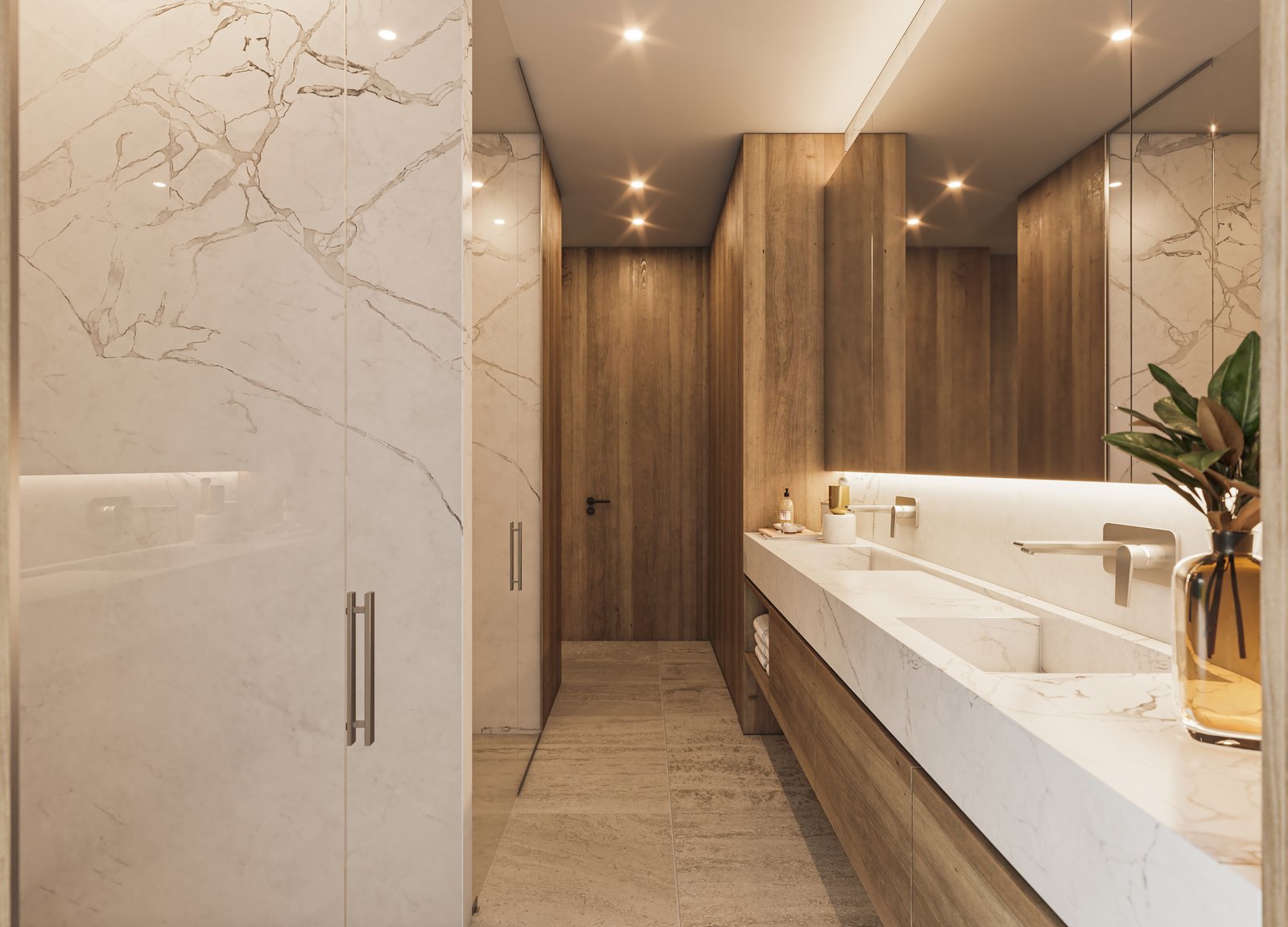 Banheiro moderno com mármore branco e bancada flutuante — projeto Casa CITY, por Grupo CRBN, em City Bell