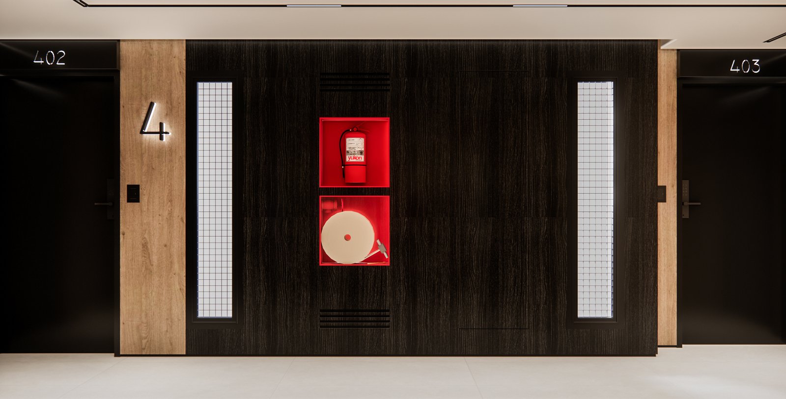 Pasillo moderno con paneles de madera oscura y elementos de seguridad rojos — proyecto Real Estate, diseño de hall de ingreso y palieres, por Mela Deco Design