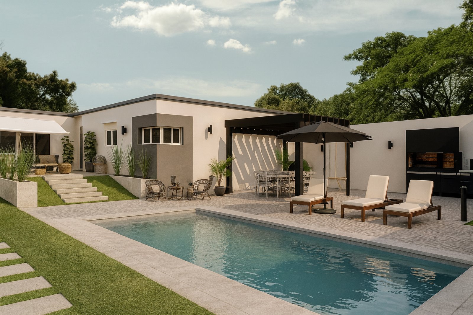 Casa moderna con piscina y pérgola, ideal para el verano — proyecto Proyecto Leo y Noe, por ivanadesign.estudio, en San Bernardo del Tuyú