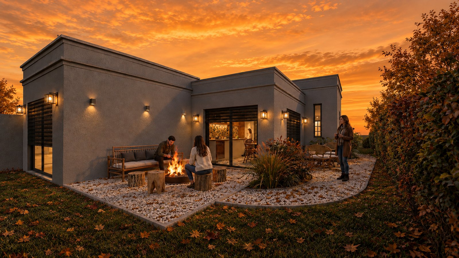 Fachada moderna cinza com pátio, lareira externa e churrasqueira ao pôr do sol — projeto Casa Inti, por WILSON ARQUITECTURA, em Manzanares