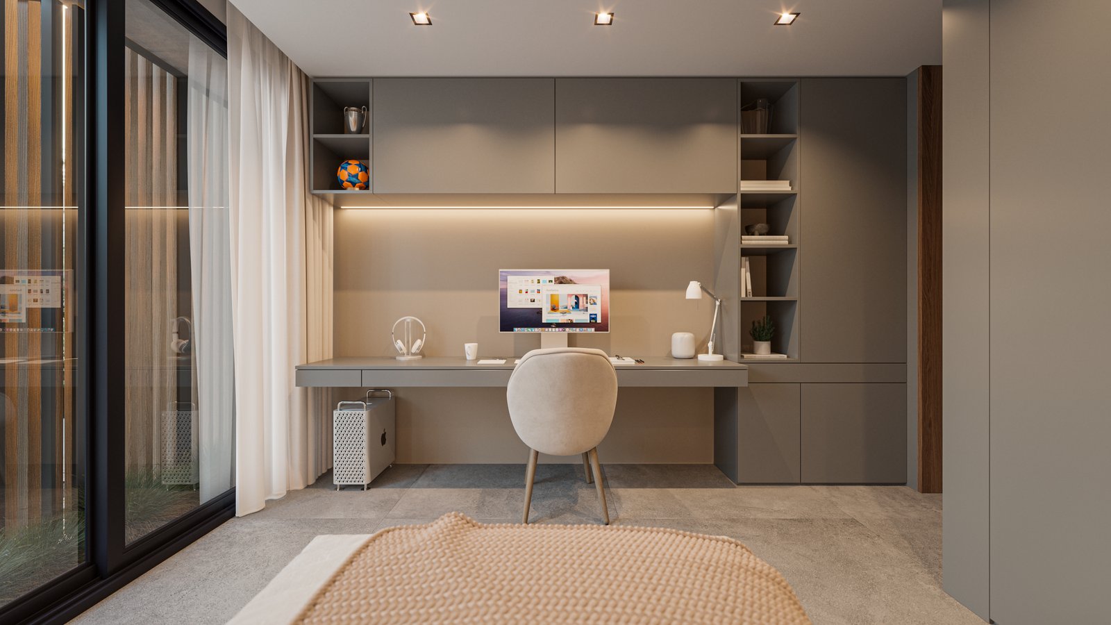 Oficina moderna con escritorio curvo y almacenamiento integrado — proyecto Casa IZA, por Grupo CRBN, en Villa Urquiza