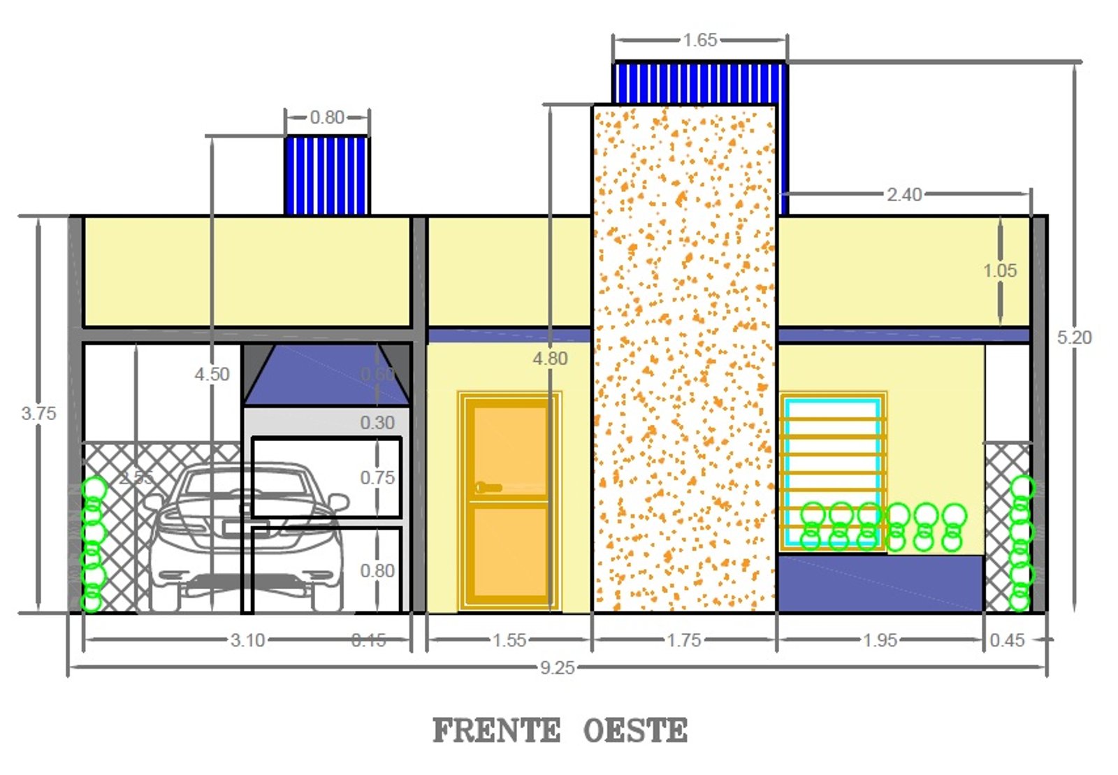 Fachada moderna de casa con garaje integrado y texturas — proyecto VIVIENDA CARO - LOMA LINDA, por Ingeniero Fernando MARTIN, en Sto Domingo 2905