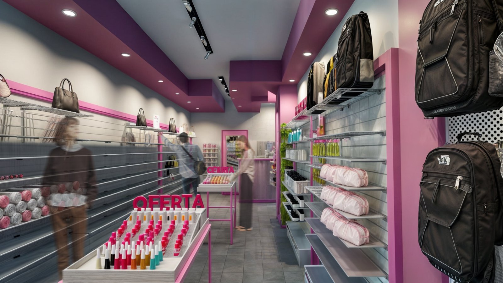 loja de moda rosa e preta com prateleiras — projeto PROYECTO LOCAL, por TD Interiorismo, em San Fernando del Valle de Catamarca