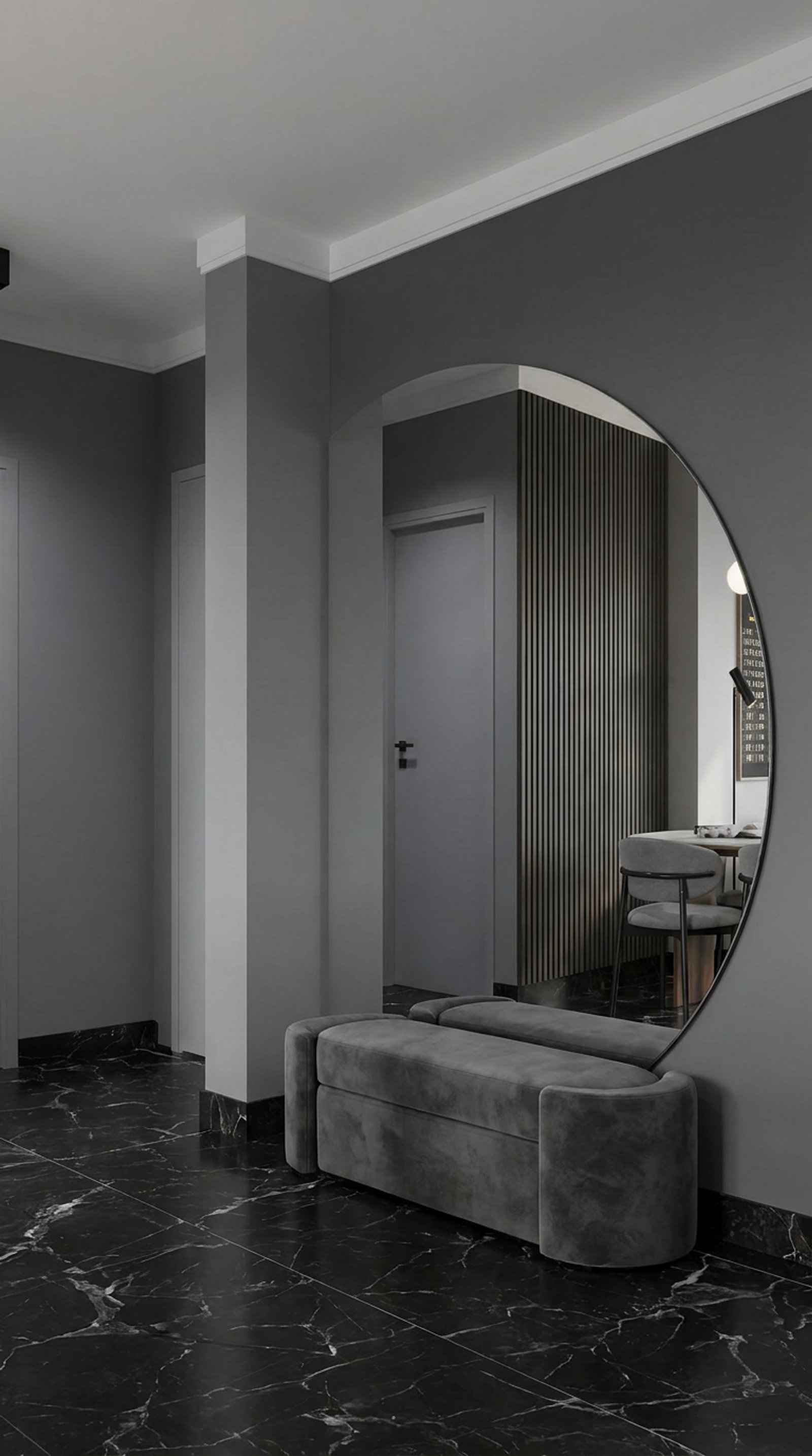 corredor moderno com espelho redondo e banco de armazenamento — projeto Diseño de departamento masculino, por Mela Deco Design, em Buenos Aires
