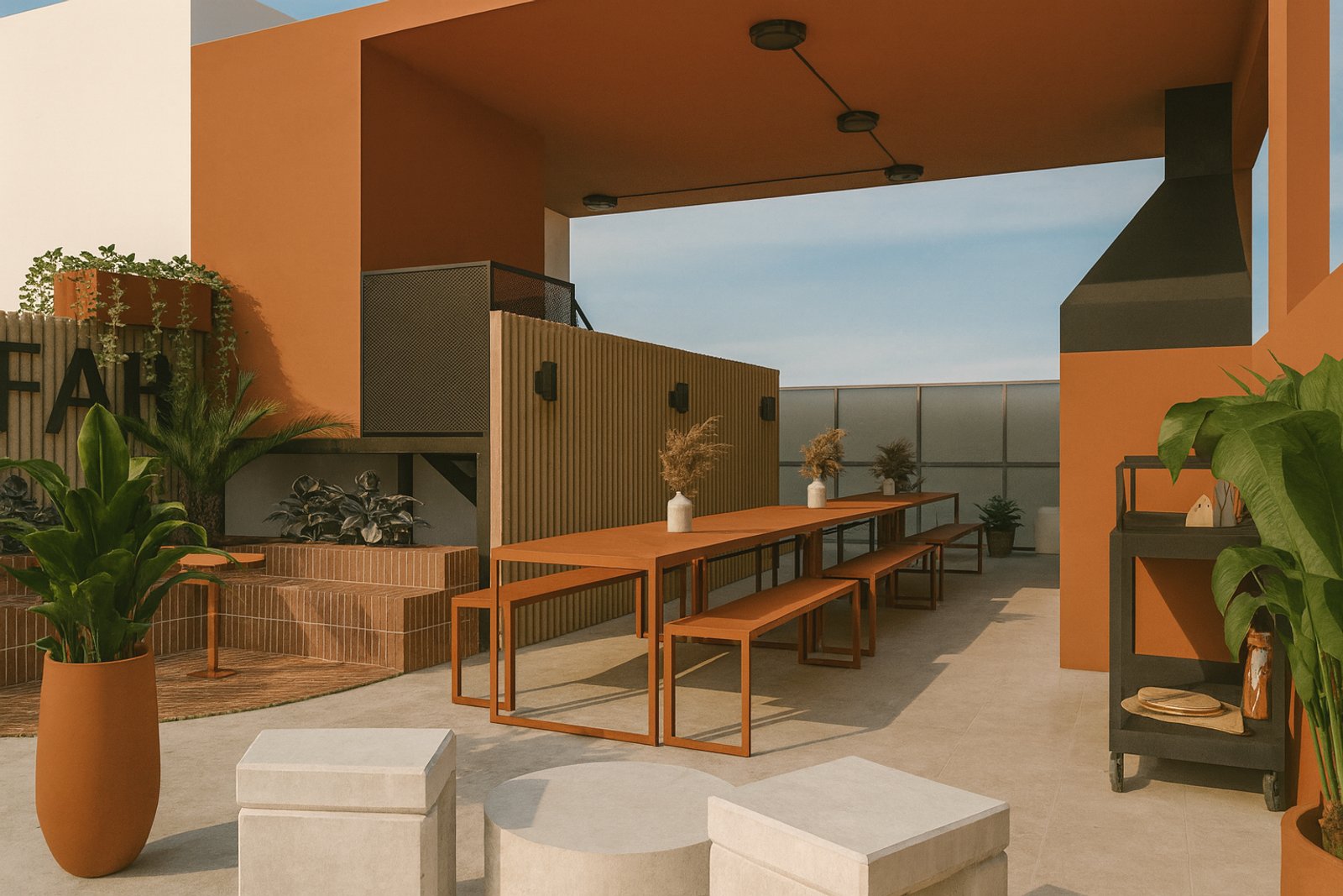 Terraza moderna con comedor al aire libre y acentos terracota — proyecto Proyecto FABA Federación Bioquímica de la Provincia de Buenos Aires, por ivanadesign.estudio, en La Plata