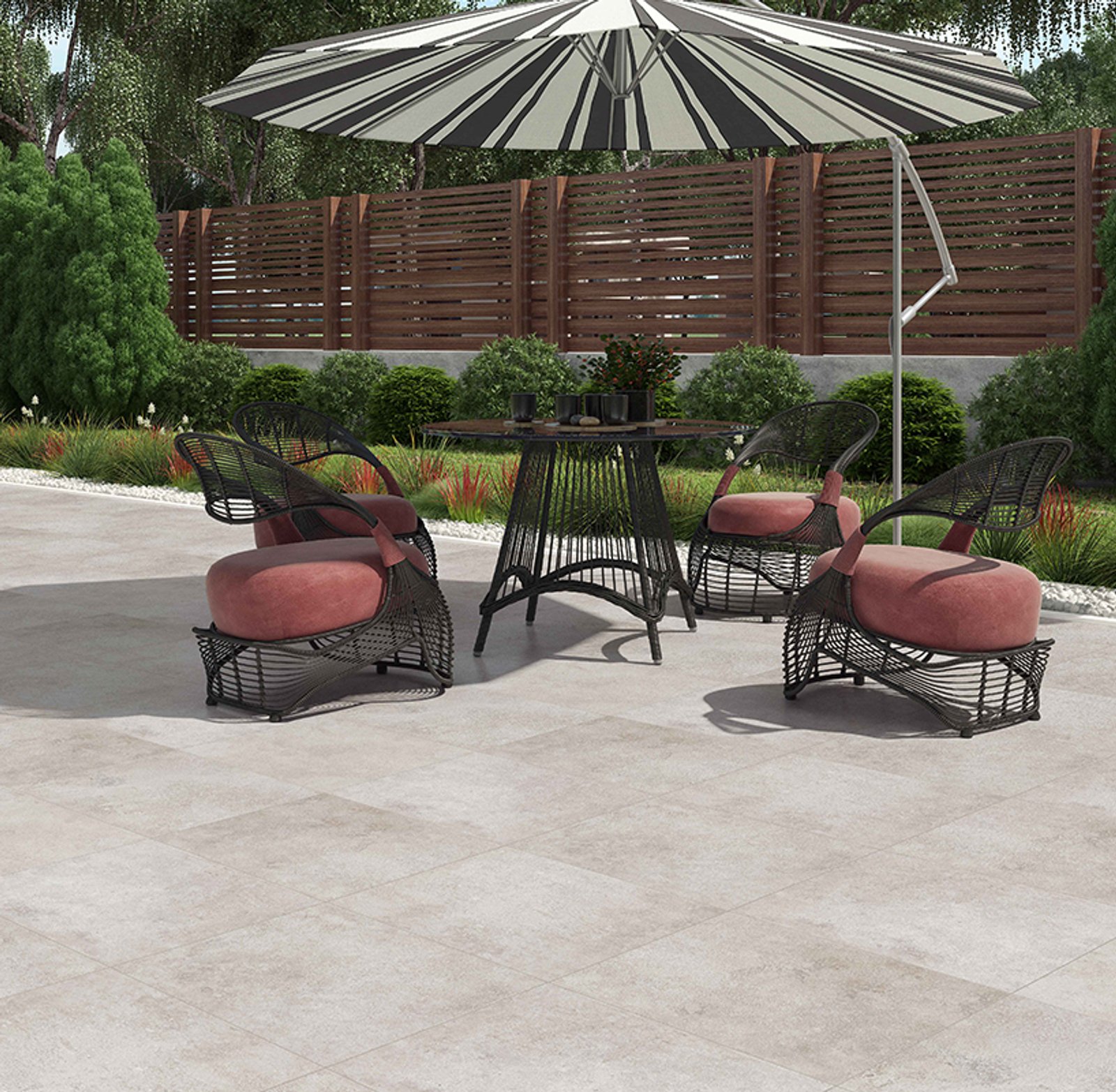 Patio moderno con muebles de ratán y sombrilla a rayas — proyecto Piedra, por TENDENZA, en Buenos Aires