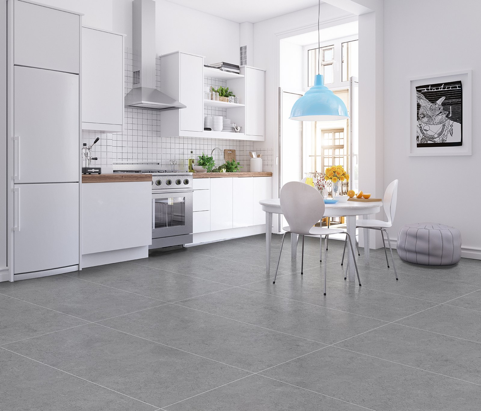 Cocina moderna escandinava con isla, luz azul y comedor integrado — proyecto 60x120, por Cerámica Alberdi 
