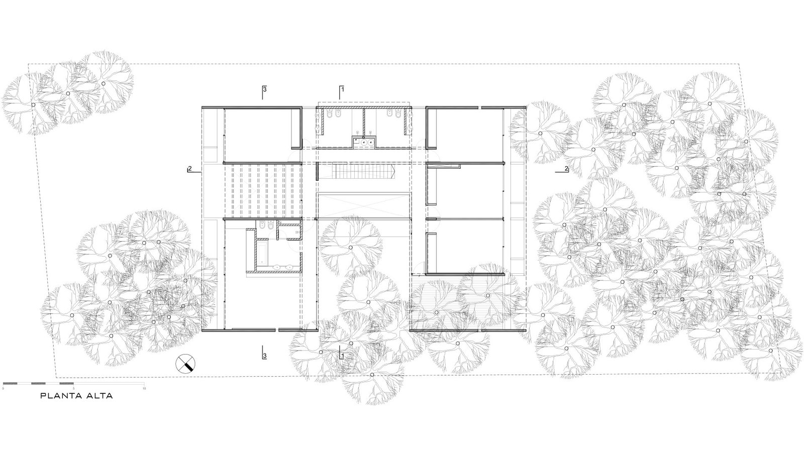 Planta de local de arquitetura moderna com vegetação densa — projeto Casa 4H, por Besonías Almeida arquitectos, em X6VF+67