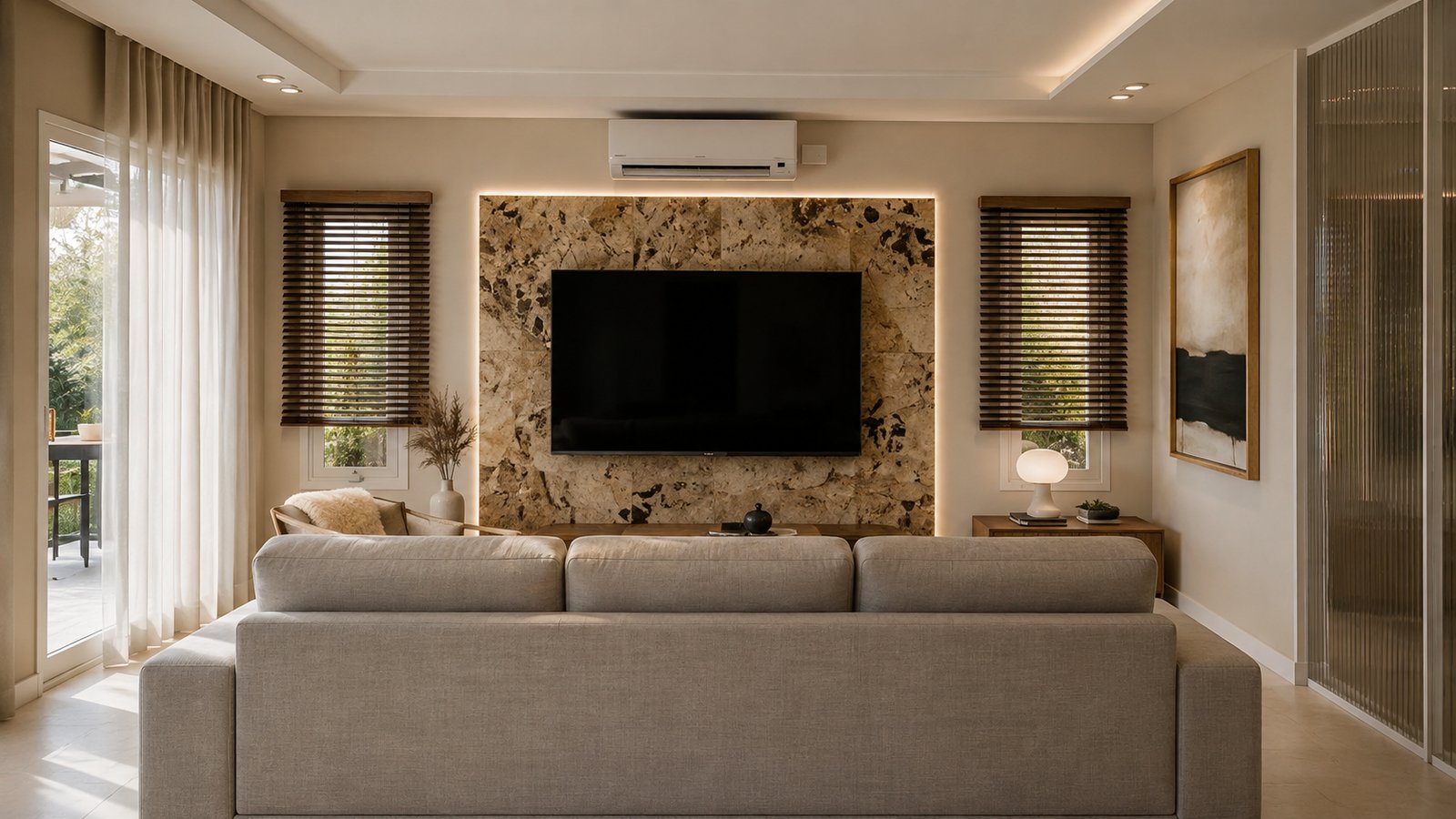 Sala de estar moderna com parede de pedra texturizada e sofá bege — projeto Diseño de casa estilo japandi, por Mela Deco Design, em Belén de Escobar