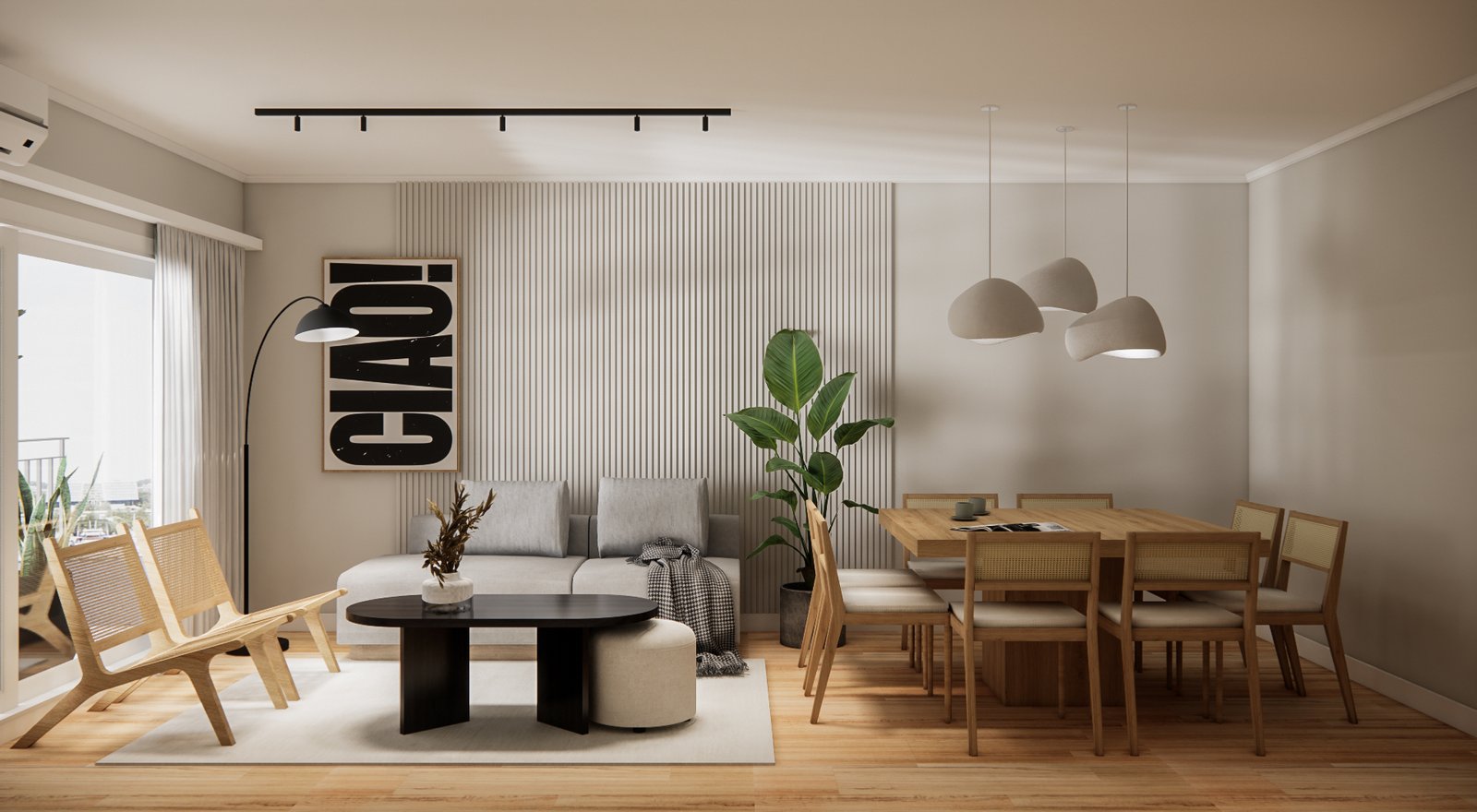 Living comedor moderno escandinavo con sofá beige y mesa de madera — proyecto Minimalismo Urbano: Estilo NYC, por Mela Deco Design, en Buenos Aires