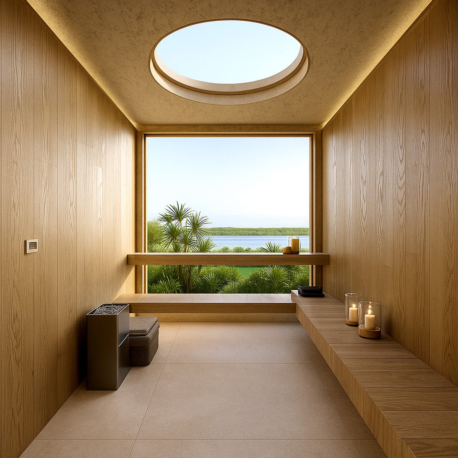 Sauna de lujo con vista al mar y techo de madera — proyecto Casa SC464, por EZ architects, en La Garza