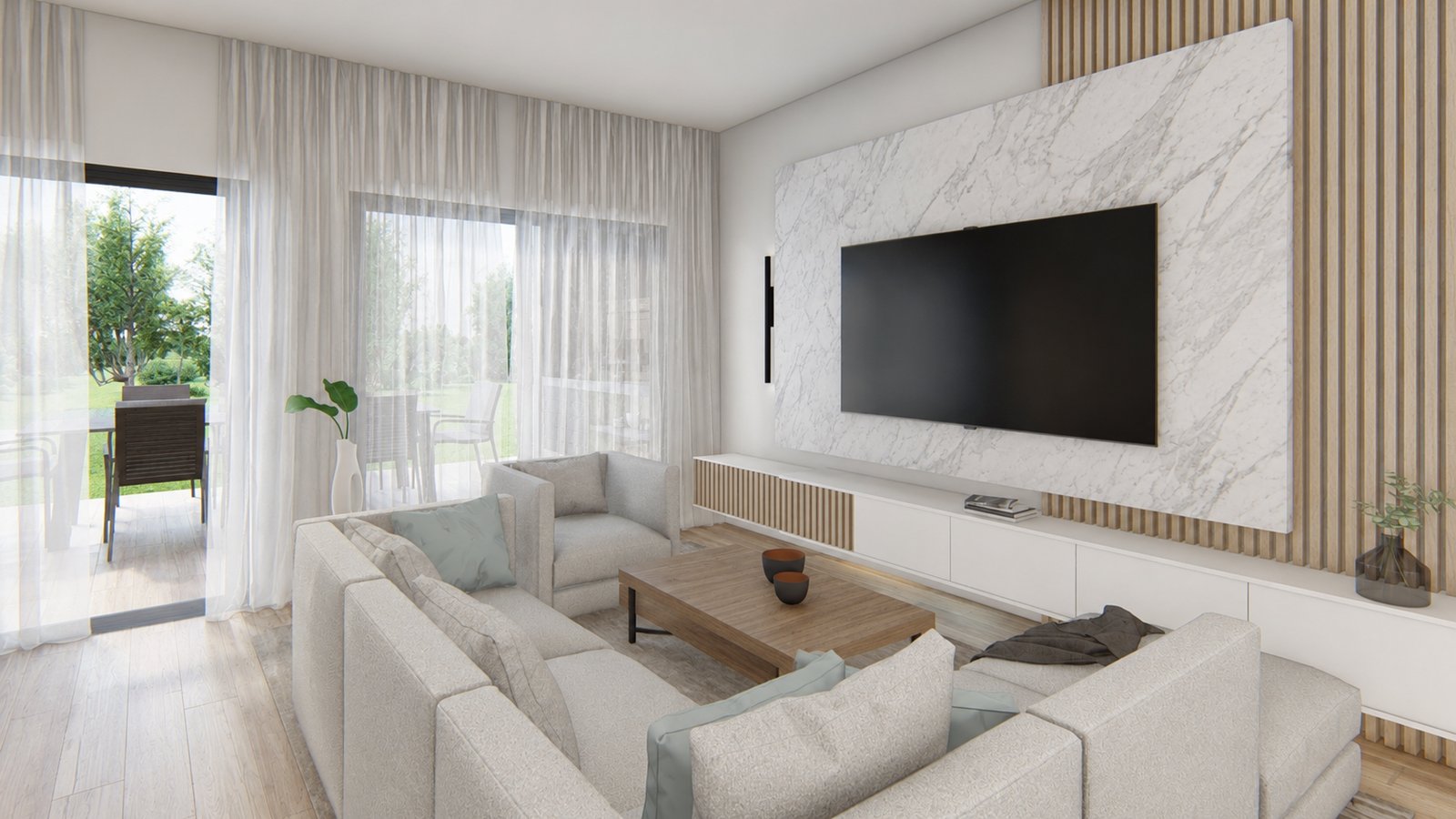 Sala de estar moderna com detalhes escandinavos e parede de mármore — projeto Casa Ávalos, por WILSON ARQUITECTURA, em Ingeniero Maschwitz