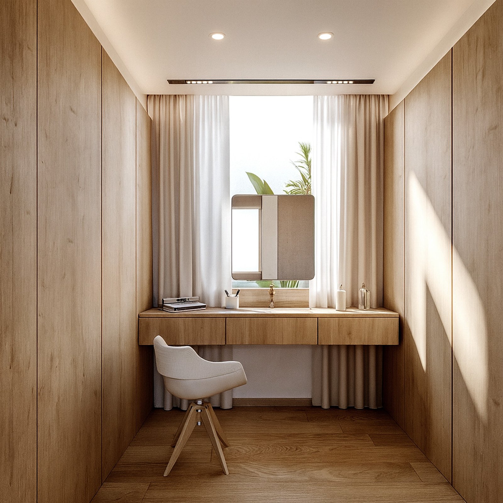 Dormitorio minimalista con vestidor y tocador de madera — proyecto Casa SC464, por EZ architects, en La Garza