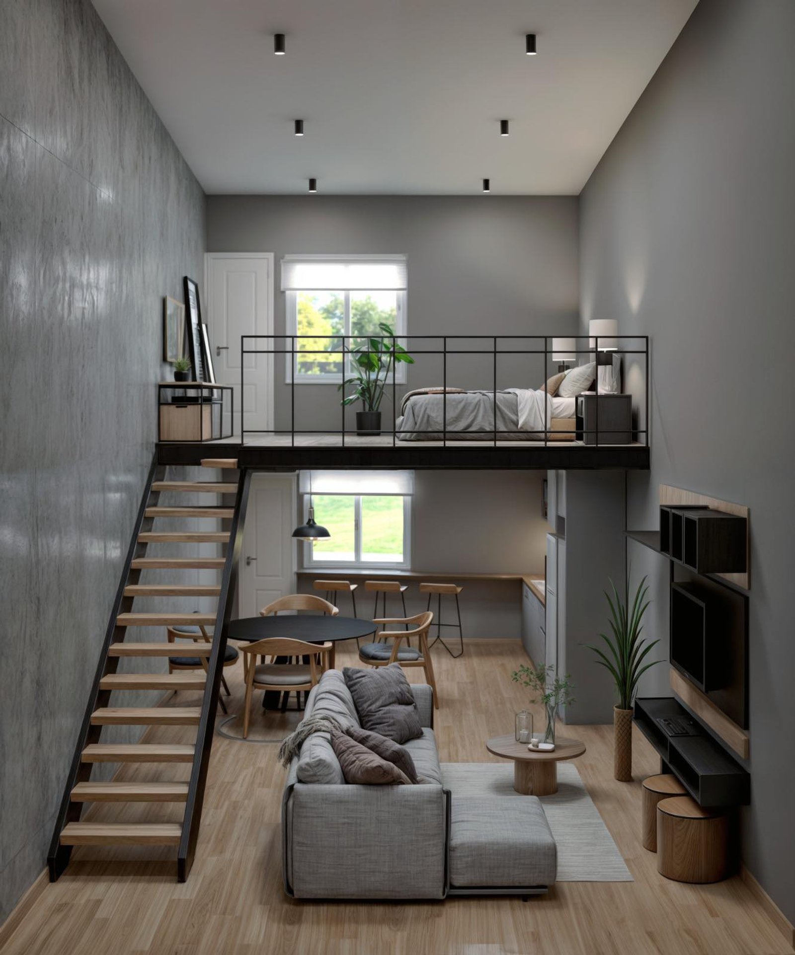 Loft moderno industrial con paredes de hormigón y escalera flotante — proyecto Casa de la laguna., por Arquitecto Gustavo Maidana, en Caá Catí