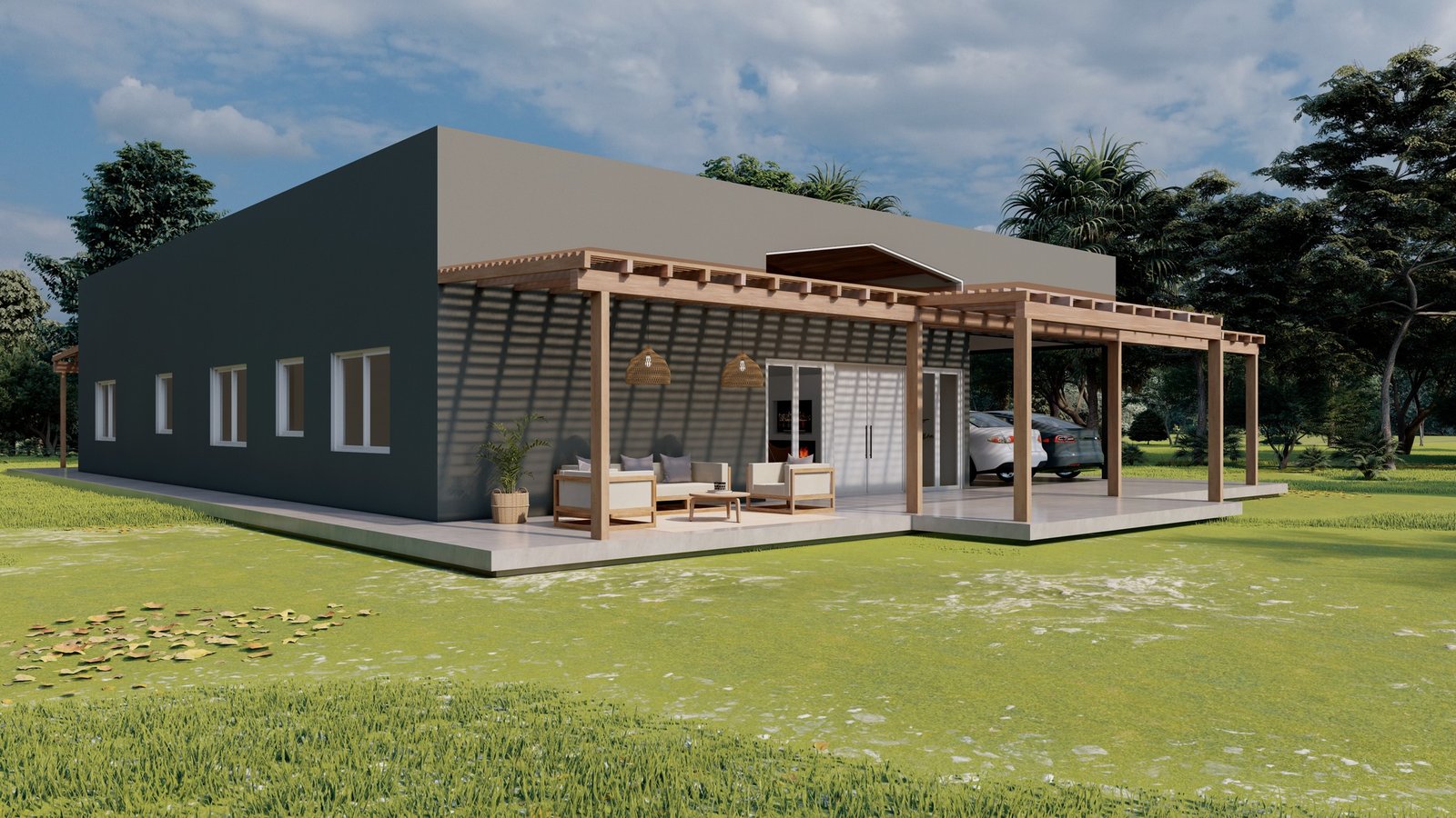 Fachada moderna com pérgola e móveis de exterior — projeto Casa de Campo, por Arquitecto Gustavo Maidana, em Col. Santa Rosa