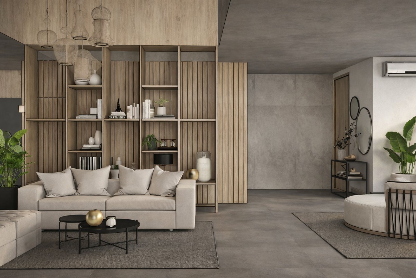 Living moderno con paneles de madera y muebles minimalistas — proyecto Duplex Caserios, por Veca Estudio, en Villa Belgrano