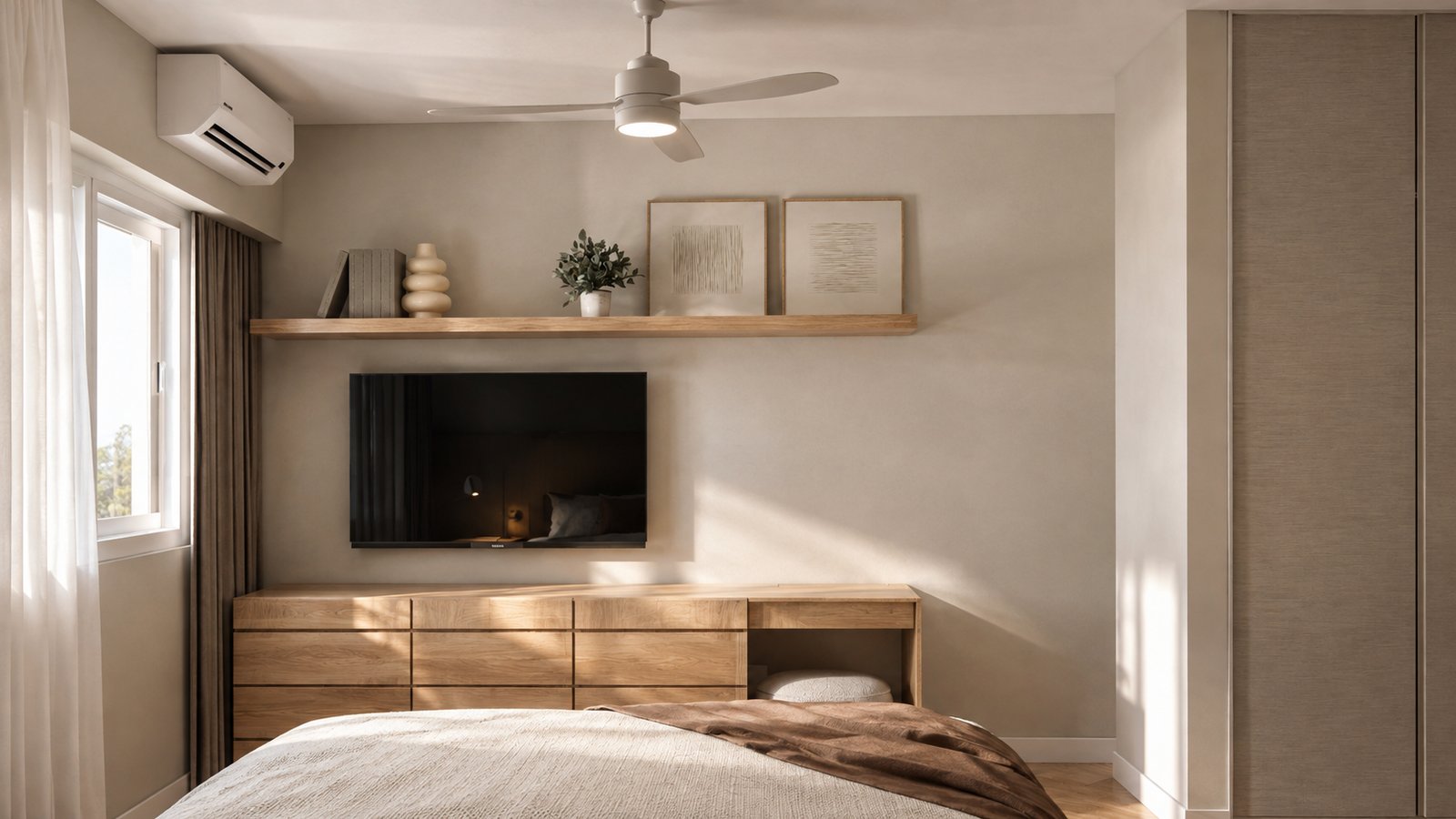 Quarto escandinavo iluminado com móveis de madeira clara — projeto Reforma departamento minimalista, por Mela Deco Design, em Buenos Aires