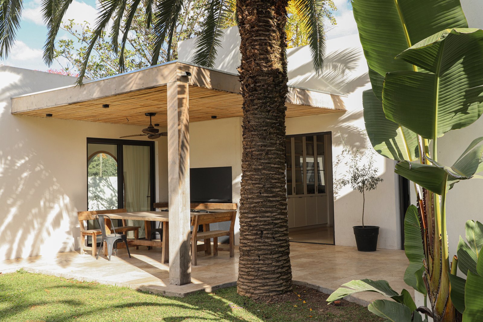 Patio cubierto con vegetación tropical y muebles de madera — proyecto Casa Montevideo, por R+B arquitectos, en Bella Vista