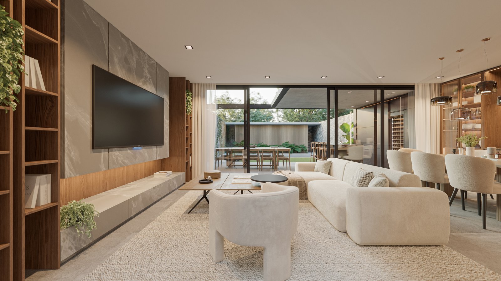 Living moderno con sofá curvo y pared de hormigón visto — proyecto Casa IZA, por Grupo CRBN, en Villa Urquiza