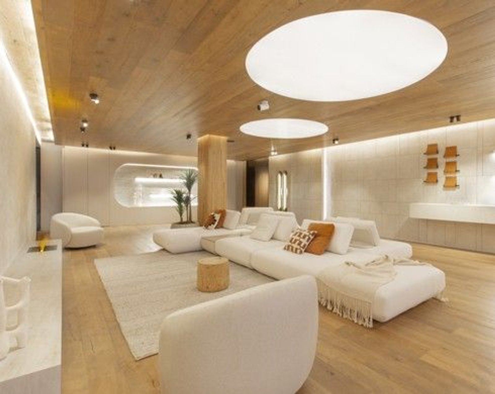Sala moderna com teto de madeira e luzes circulares — projeto Casa Foa Edificio del Plata, por Vite Porcellanato, em Buenos Aires
