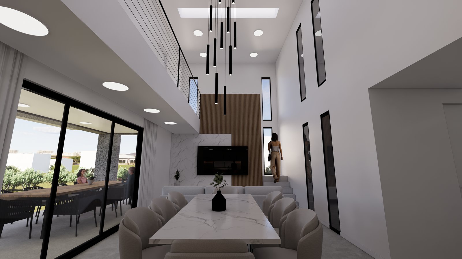 Living comedor moderno a doble altura con escalera flotante — proyecto Proyecto Z, por WILSON ARQUITECTURA, en Pilar