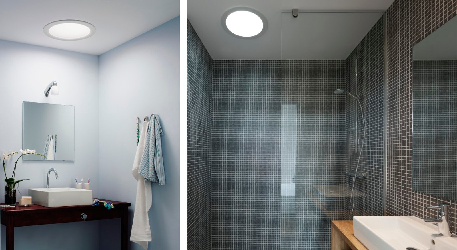 Banheiro moderno com claraboia redonda e azulejos cinzas — projeto Baño, por VELUX