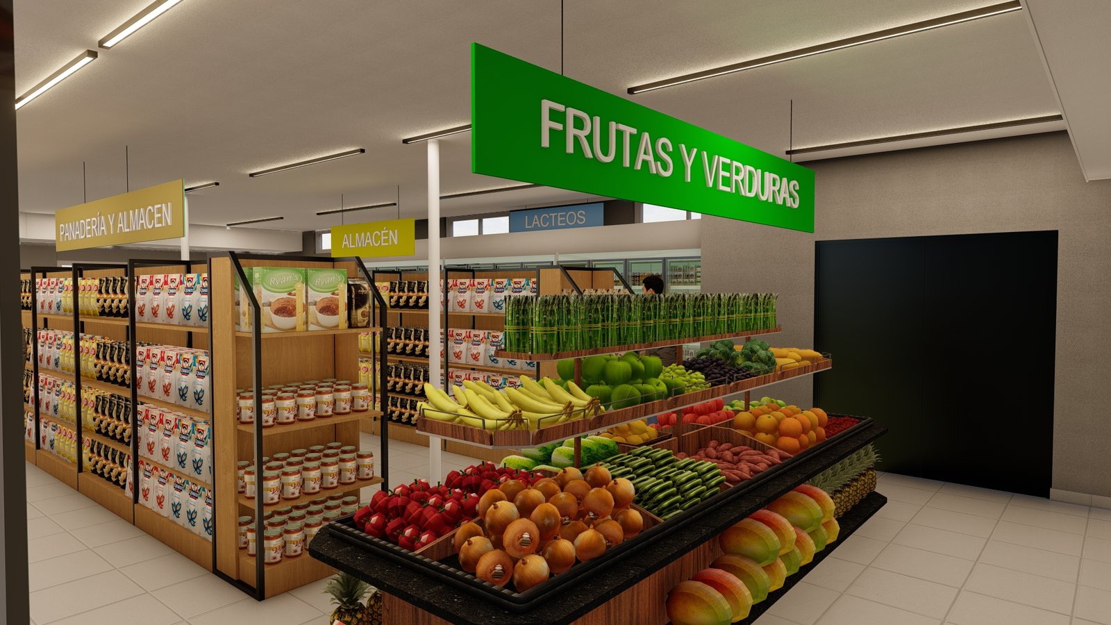 Sección de frutas y verduras en supermercado moderno — proyecto Ahyre Norte, por L8A | interiorismo & arquitectura, en Añelo