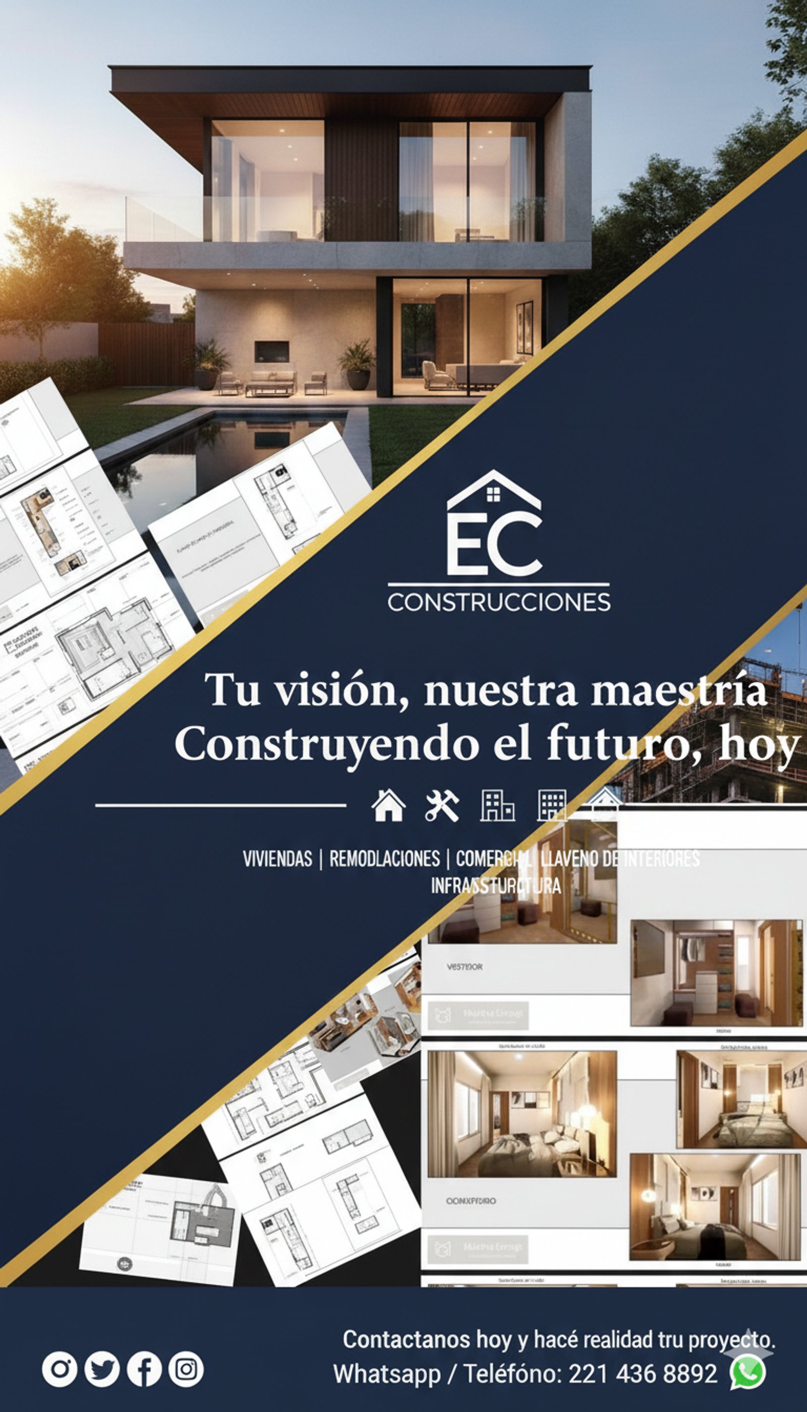 Moderna casa de dos plantas con piscina y jardín — proyecto Construimos sin limites , por EC Construcciones , en La Plata