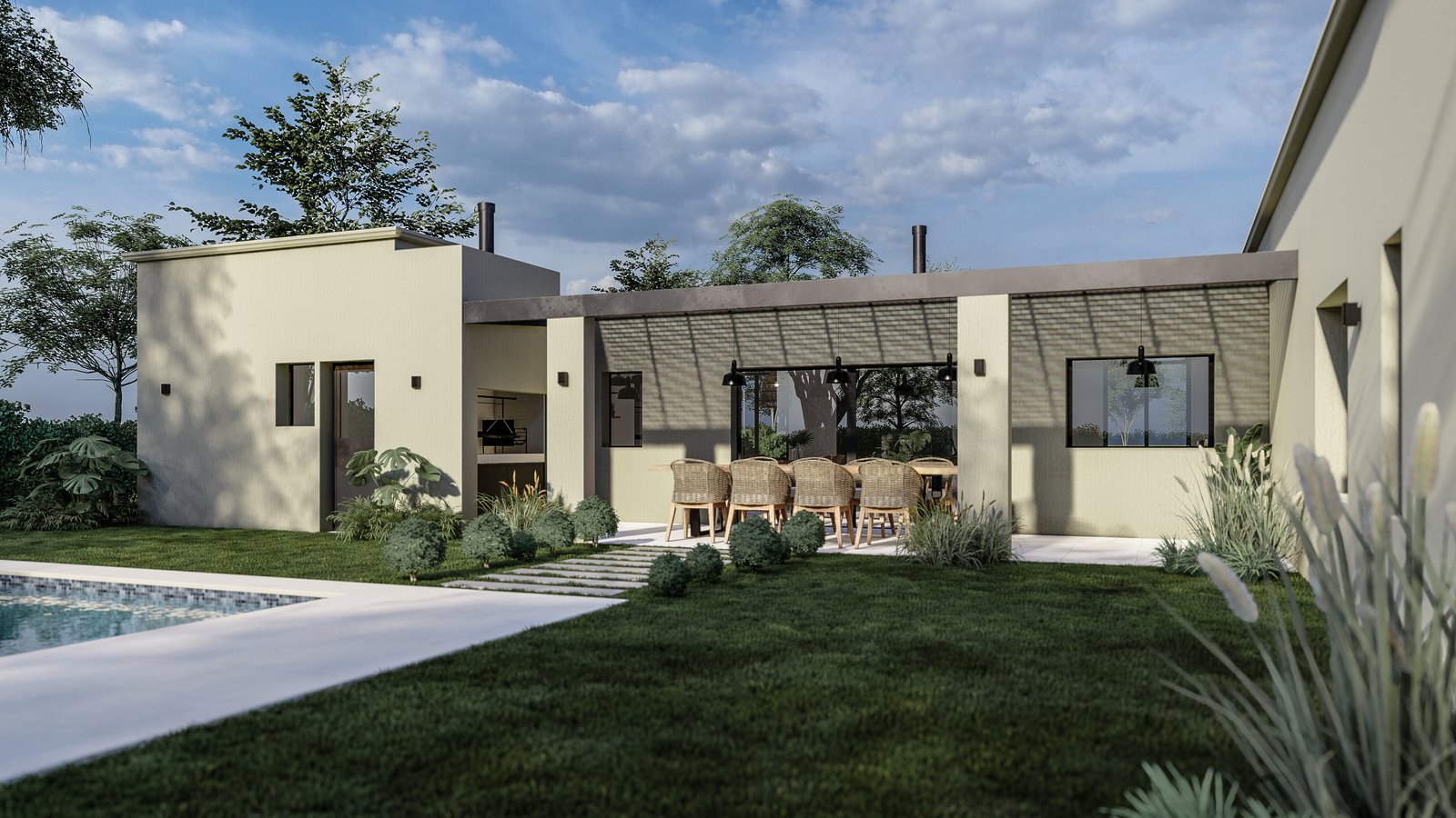 Fachada de casa moderna com piscina e pátio coberto — projeto Casa Las Praderas, por B|Q STUDIO, em B2814 Los Cardales