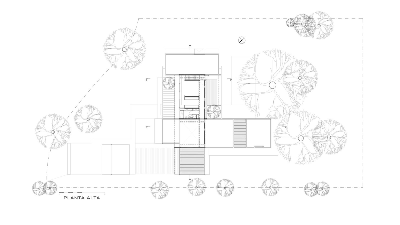 Plano arquitectónico de una casa moderna con vegetación circundante — proyecto Casa Leloir, por Besonías Almeida arquitectos, en Parque Leloir