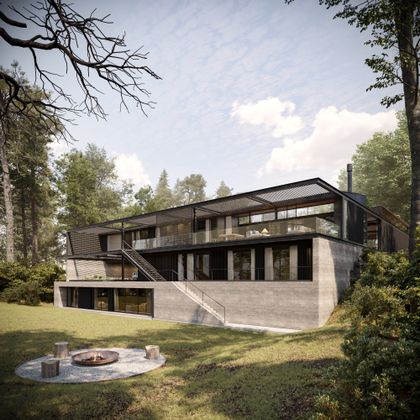 Fachada moderna brutalista con ventanales y deck de madera en bosque — proyecto CASA FALDEO 1, por GMARQ, en San Carlos de Bariloche