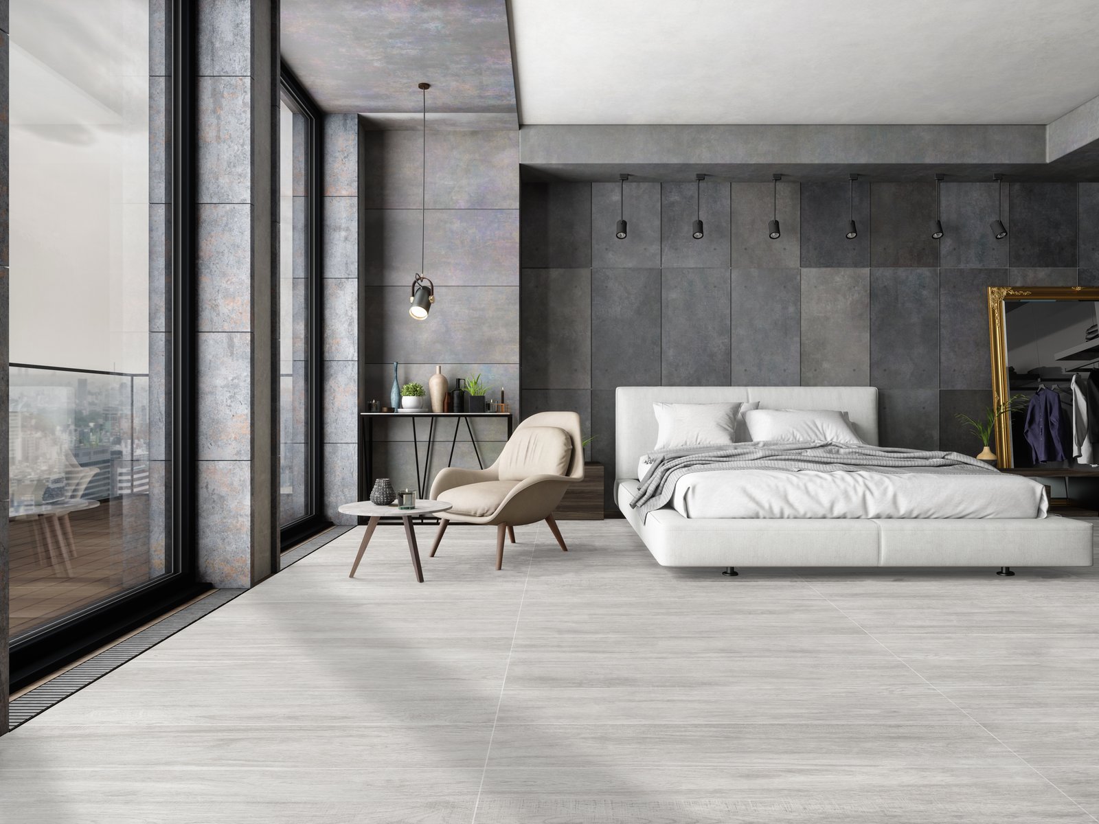 Dormitorio moderno industrial con grandes ventanales y hormigón — proyecto 20x120, por Cerámica Alberdi 