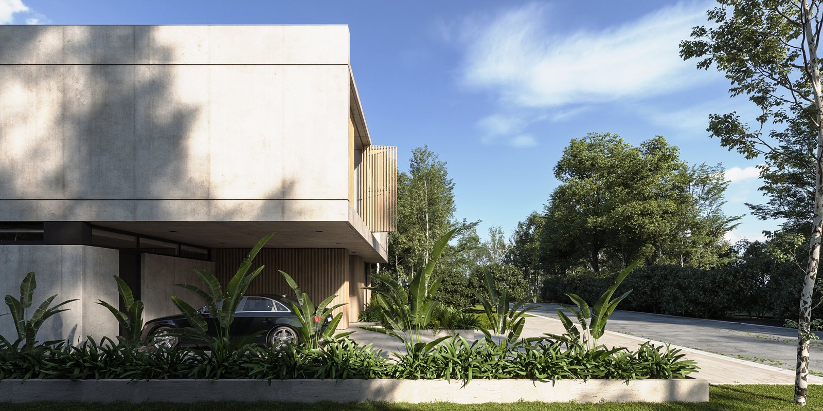 Fachada moderna con hormigón visto y vegetación exuberante — proyecto Casa TERRA, por Grupo CRBN, en Los Robles 5901