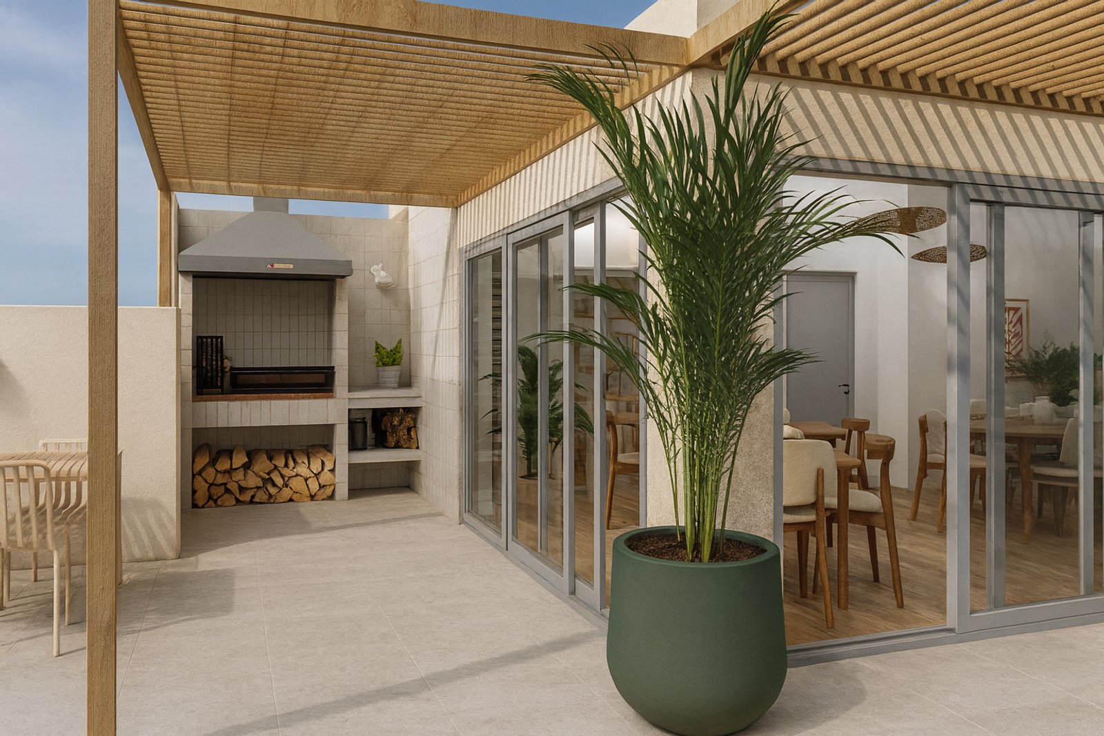 Patio moderno con parrilla y pérgola de madera — proyecto Proyecto FABA - Qualium, por ivanadesign.estudio, en Balvanera