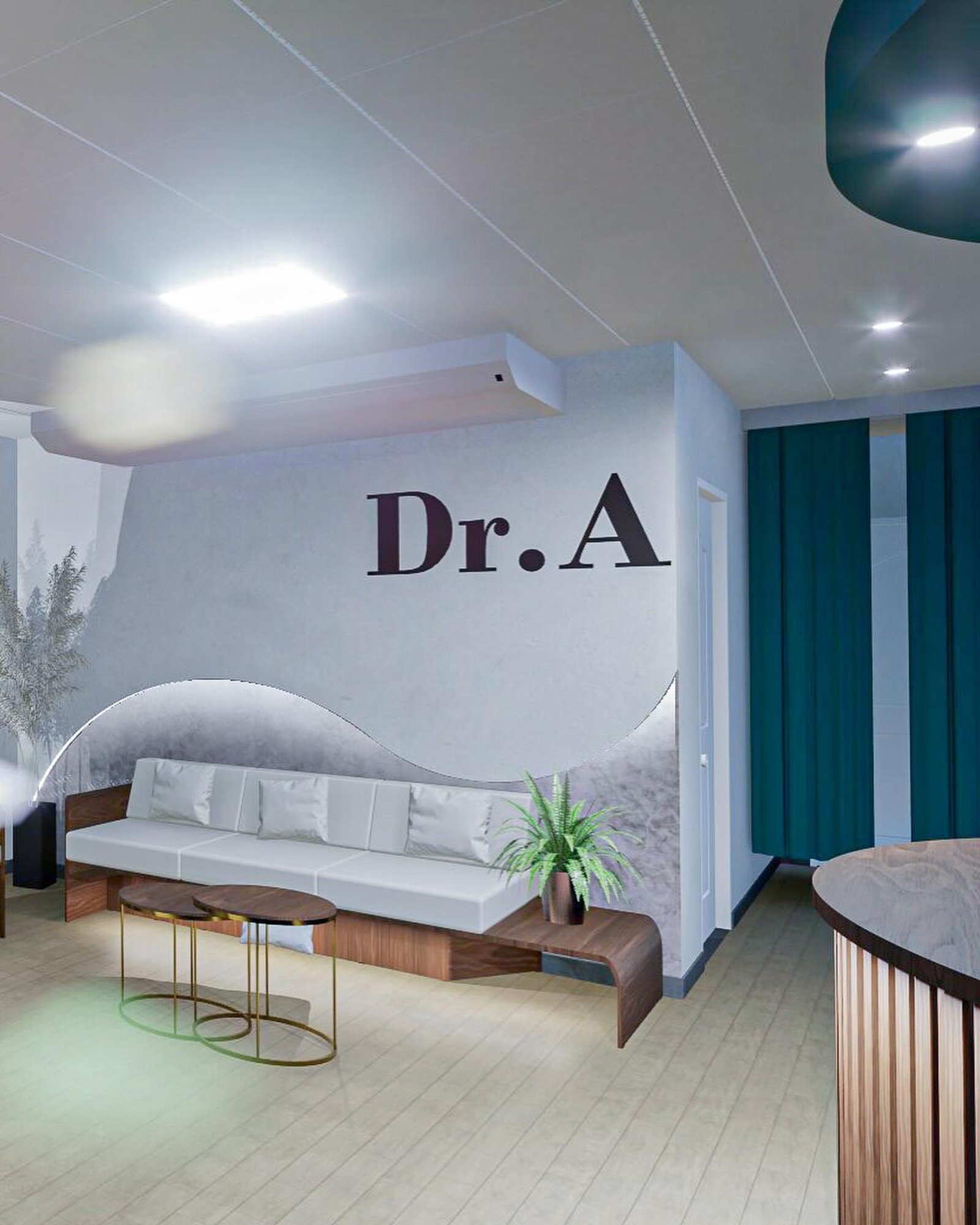 Sala de espera moderna com sofá branco, mesas douradas e parede curva — projeto PROYECTO ESTÉTICA, por TD Interiorismo, em San Fernando del Valle de Catamarca