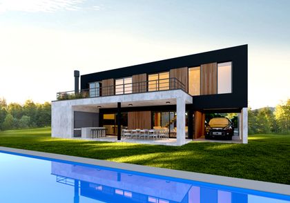 Fachada moderna con coche deportivo rojo y deck de madera — proyecto Casa ALM57, por EZ architects, en Canning