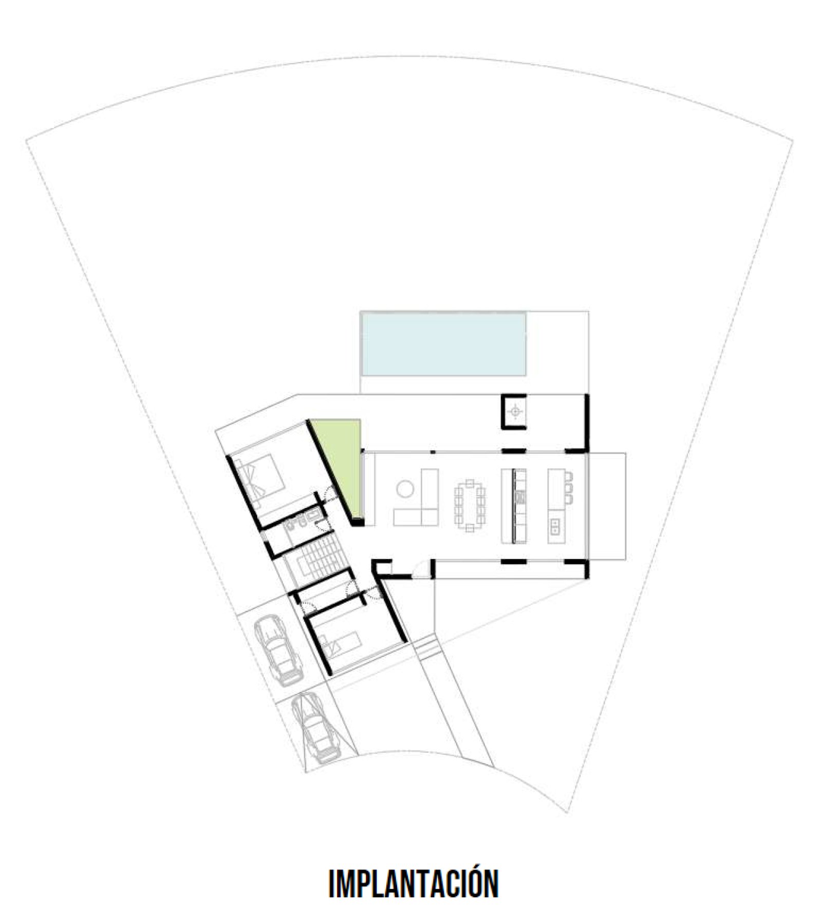 Planta de implantação de casa moderna com piscina — projeto Vivienda SS A1, por MMCZ STUDIO, em San Sebastián