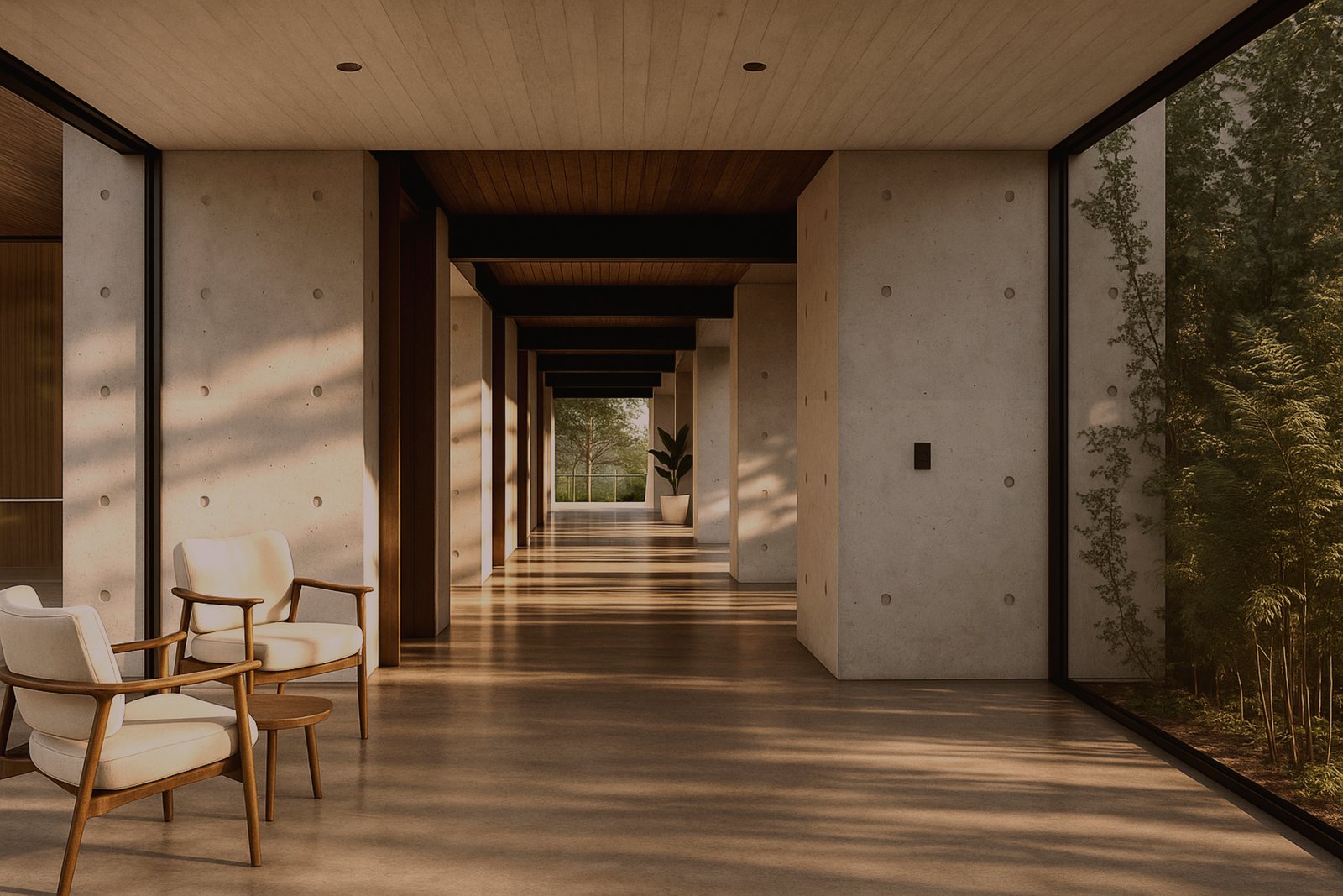 Corredor moderno com concreto aparente e móveis minimalistas — projeto Casa Delta, por zuloagastudio, em B1648 Tigre