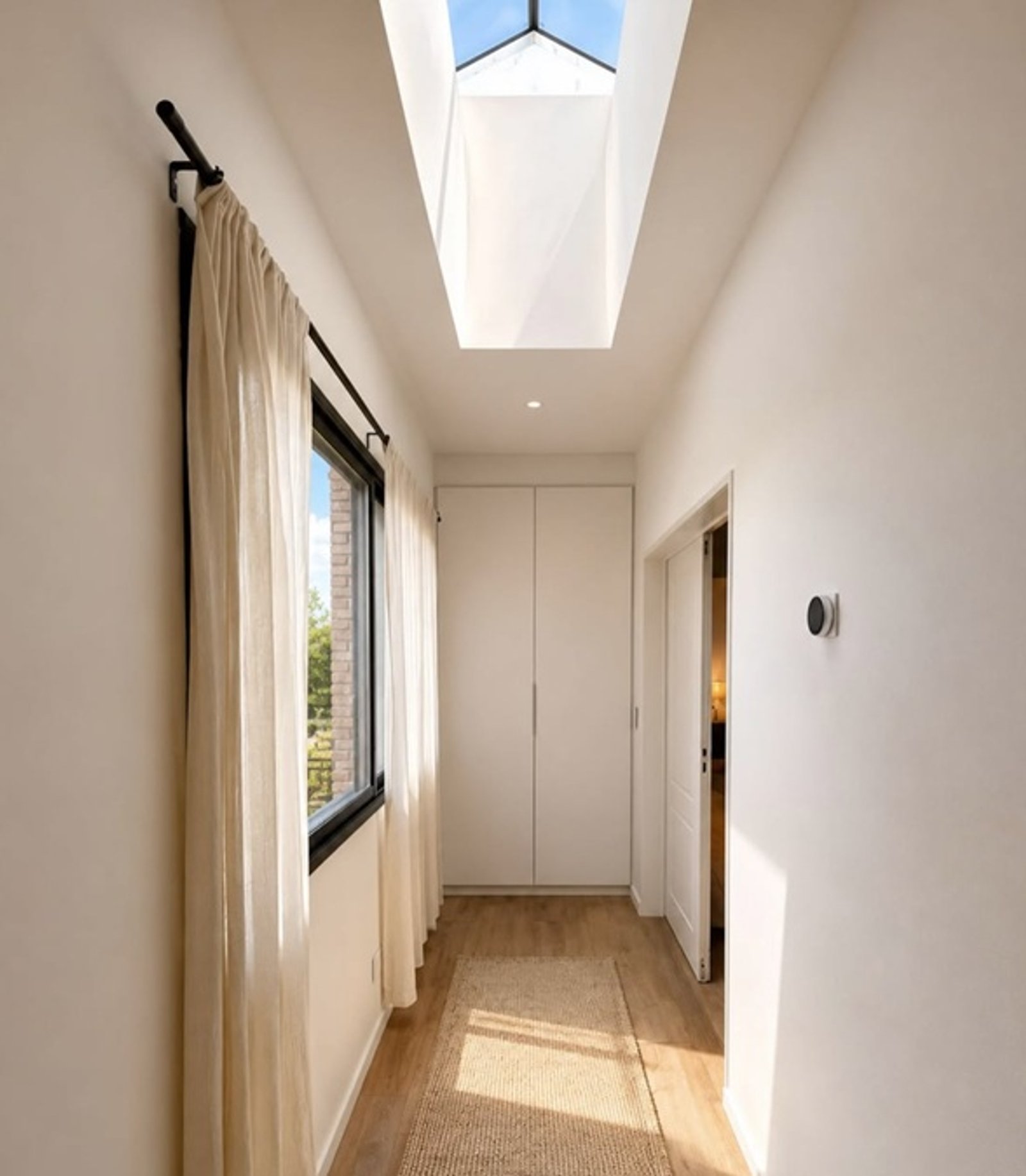 Pasillo moderno con claraboya alargada, cortinas blancas y muebles blancos — proyecto CARDOS , por Estudio NET Arquitectura , en Manuel Luis de Oliden