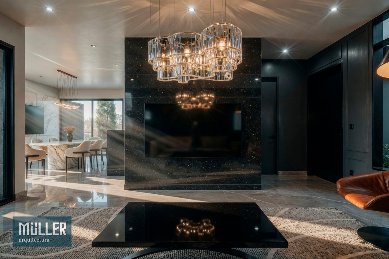 Living moderno de lujo con lámpara de araña de cristal y mármol — proyecto CASA S, por Arquitecto Germán Müller, en Plottier