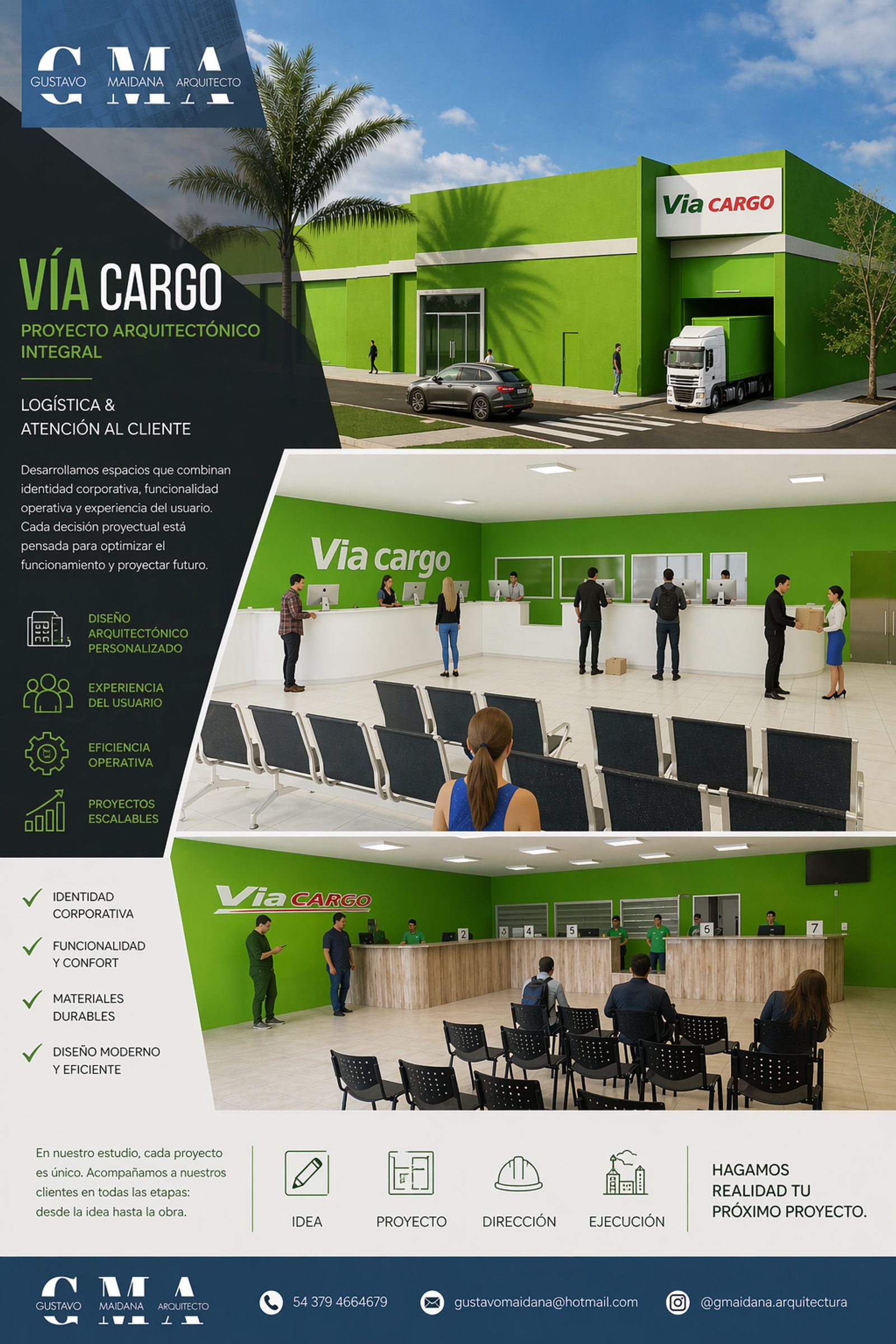 Recepción de oficina moderna con paredes verdes y sillas negras — proyecto Sucursal Via Cargo, filial Corrientes, Empresa de distribución y logística., por Arquitecto Gustavo Maida