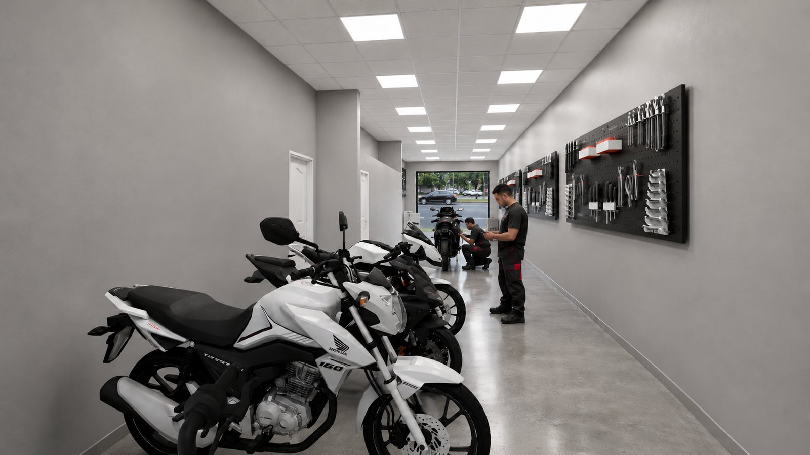 Showroom de motos moderno con paredes grises y exhibición de vehículos — proyecto El Motoquero, por WILSON ARQUITECTURA, en Pilar