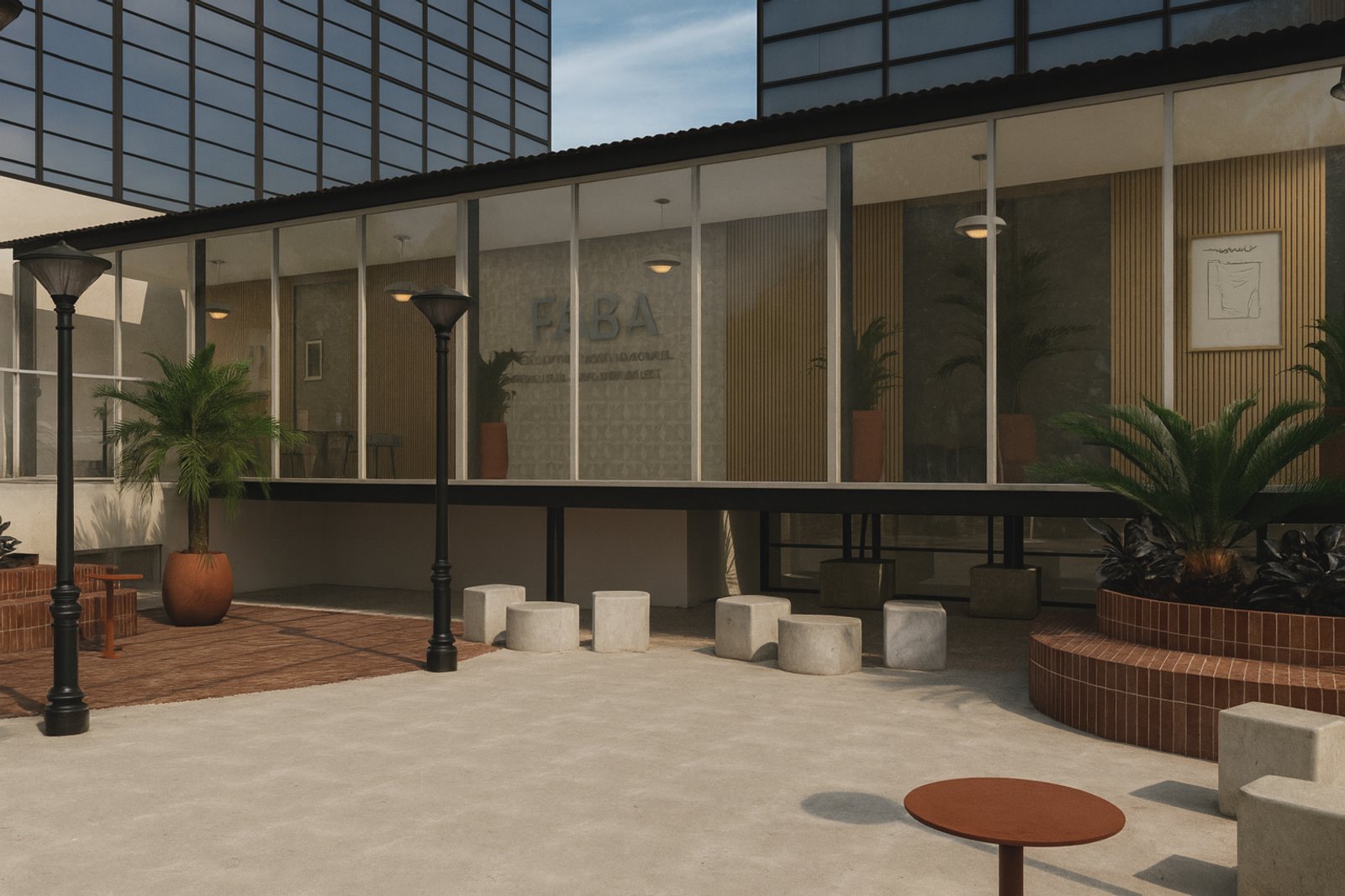 Fachada comercial con vidrio de piso a techo y área de estar exterior — proyecto Proyecto FABA Federación Bioquímica de la Provincia de Buenos Aires, por ivanadesign.estudio, en La