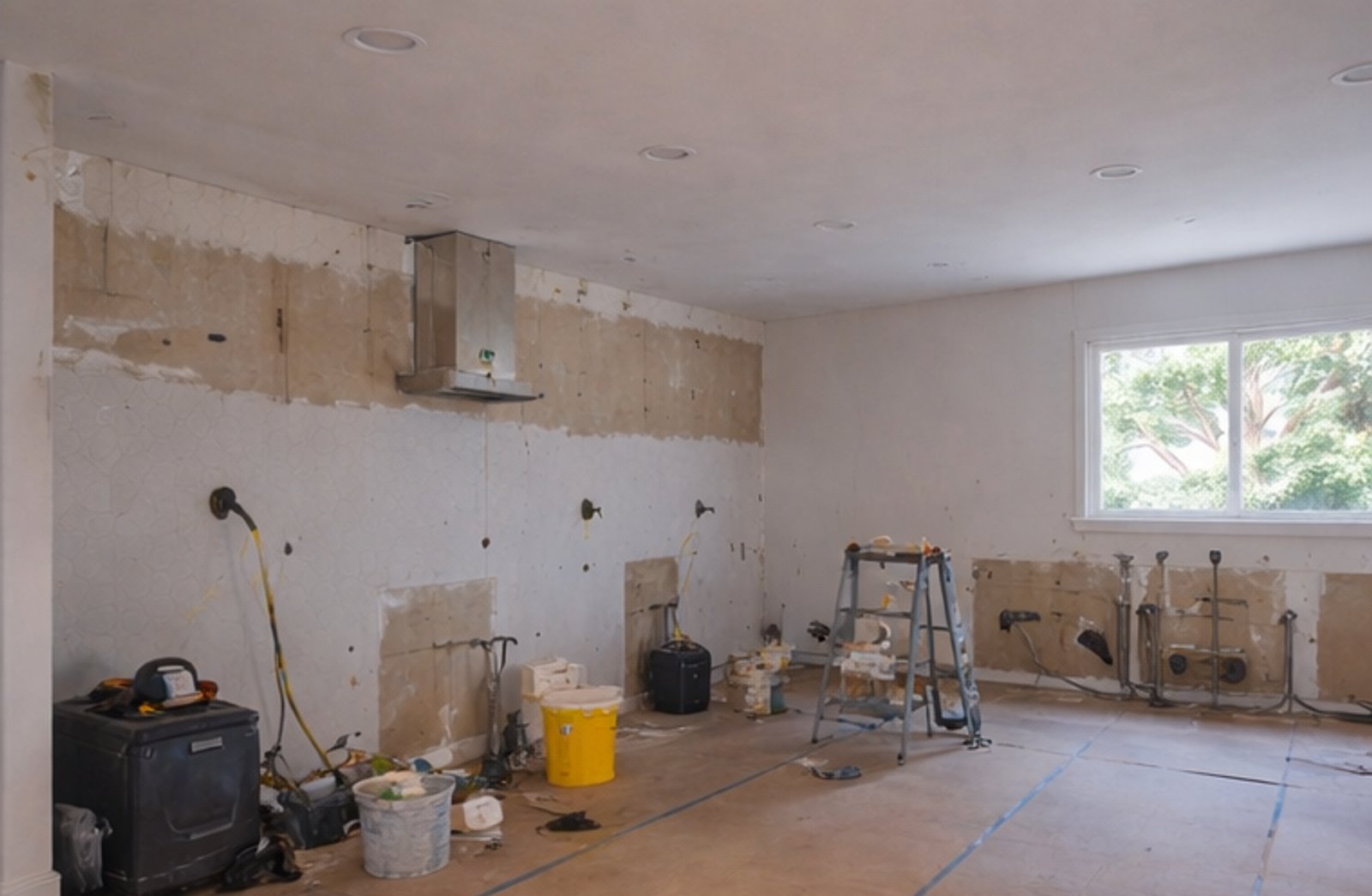 cocina en construcción, paredes sin terminar, extractor de acero — proyecto Reforma cocina , por Inva interiorismo, en B7609 Santa Clara del Mar