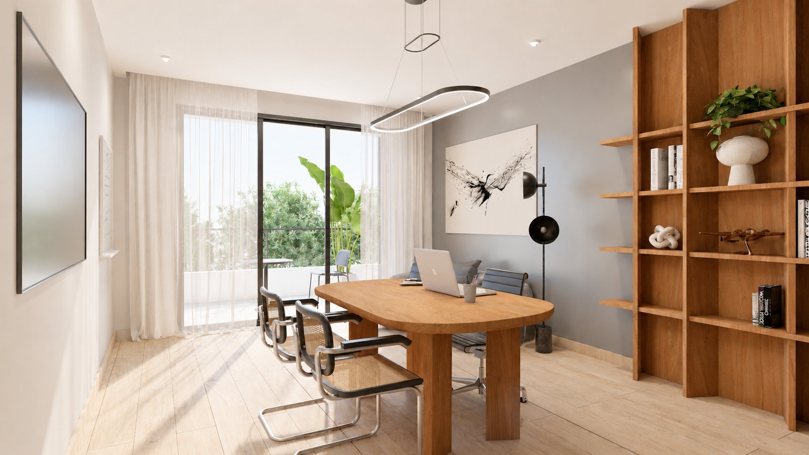 Oficina moderna con escritorio de madera y grandes ventanales — proyecto Casa Residencial, por Eniraestudio, en Salto