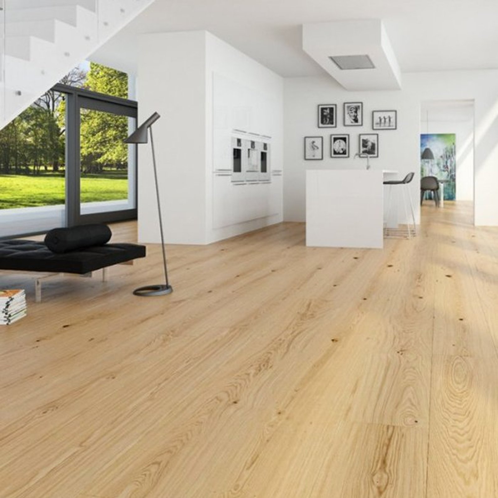 Living moderno con ventanales, madera clara y escalera flotante — proyecto Pisos de Madera, por The Flooring Company