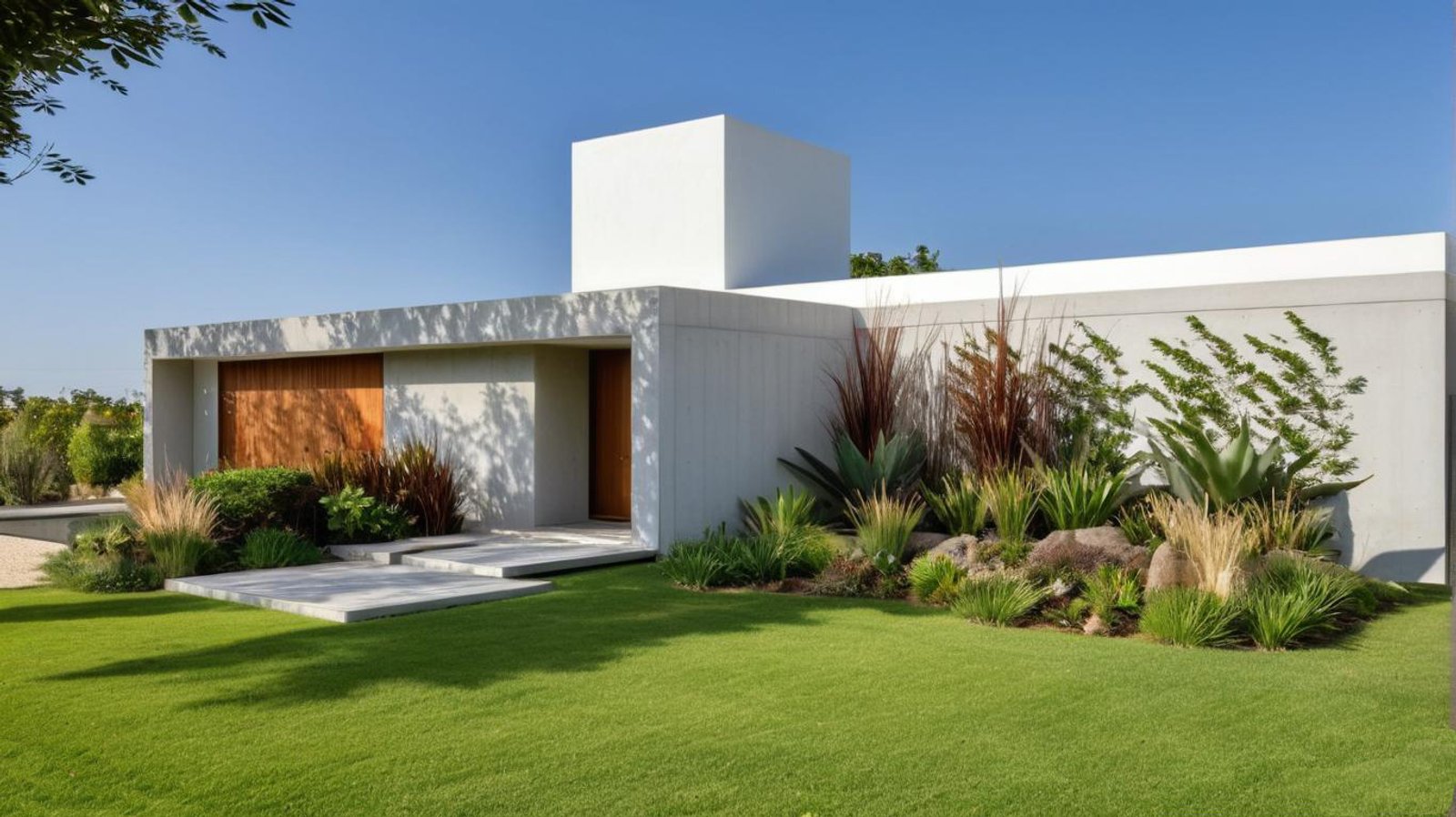 Fachada moderna de casa con paisajismo exuberante y volúmenes geométricos — proyecto Jardín de ingreso, por LM arquitecta+paisajista, en la justina