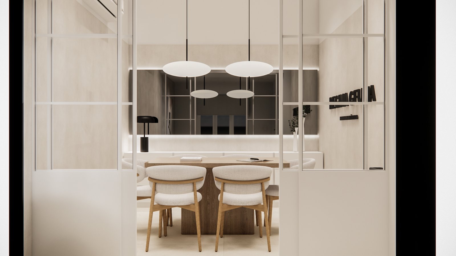 Sala de jantar escandinava moderna com mesa de madeira e cadeiras bege — projeto Diseño de escribanía cálido, por Mela Deco Design, em Buenos Aires